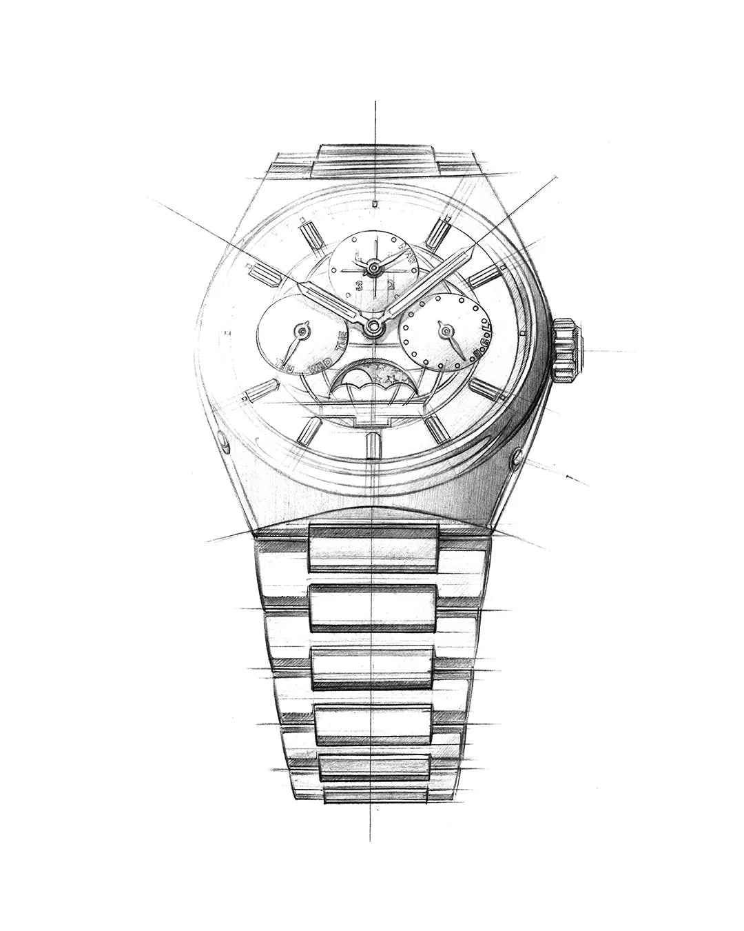Skizzenhafte Zeichnung der Highlife COSC Automatic Uhr von Frederique Constant mit der Perpetual Calender Funktion