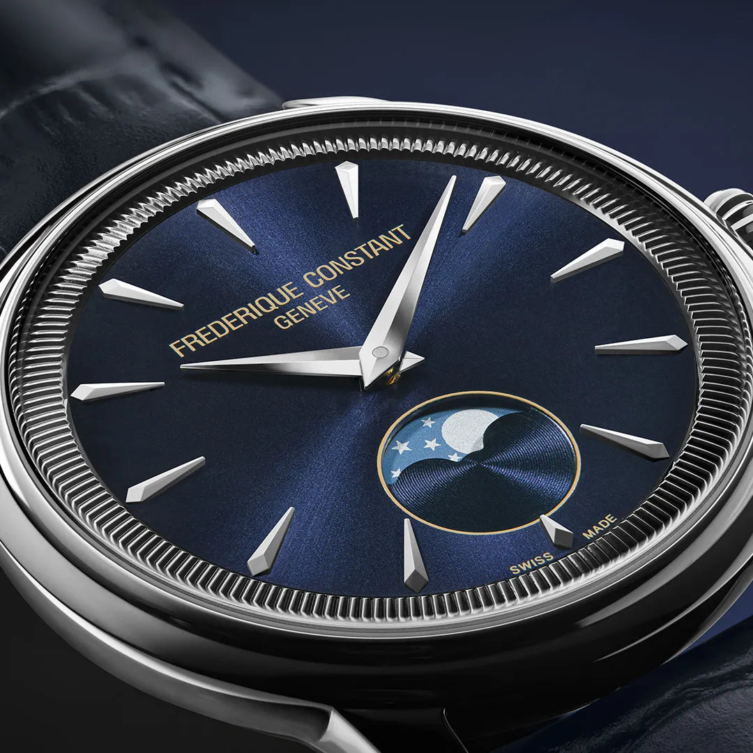 Detailaufnahme der Frederique Constant "Moneta" Armbanduhr FC-206N3S6B mit blauem Zifferblatt und Mondphase auf 6 Uhr