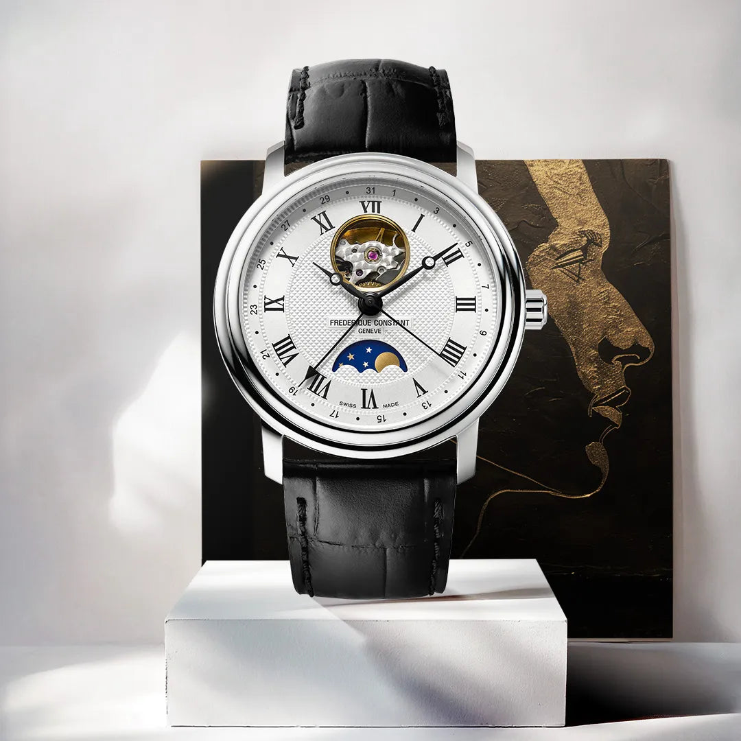 Künstlerische Produktfotografie der Heart Beat Moonphase Date Armbanduhr von Frederique Constant aus der Classics Kollektion
