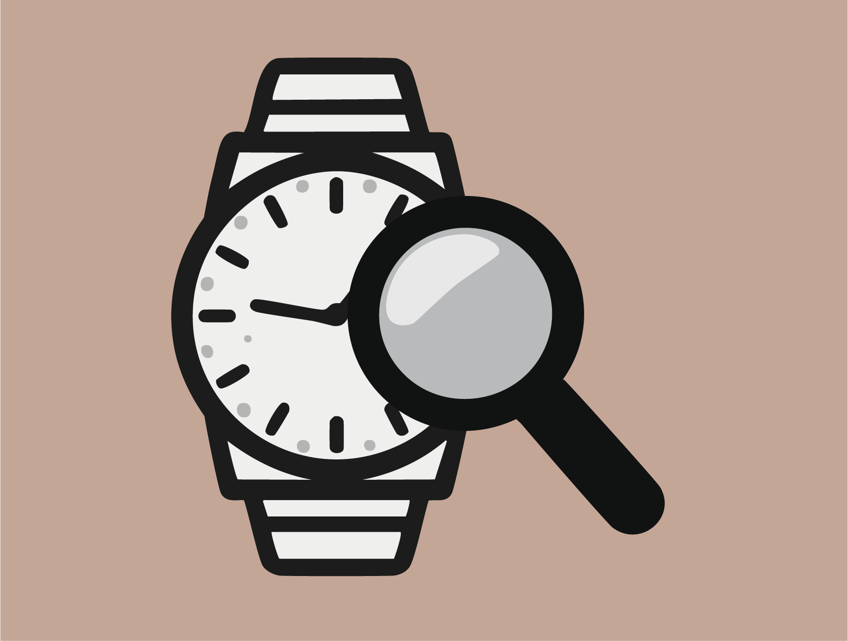 Icon für den Uhrenankauf, das eine Uhr mit einer Lupe zeigt