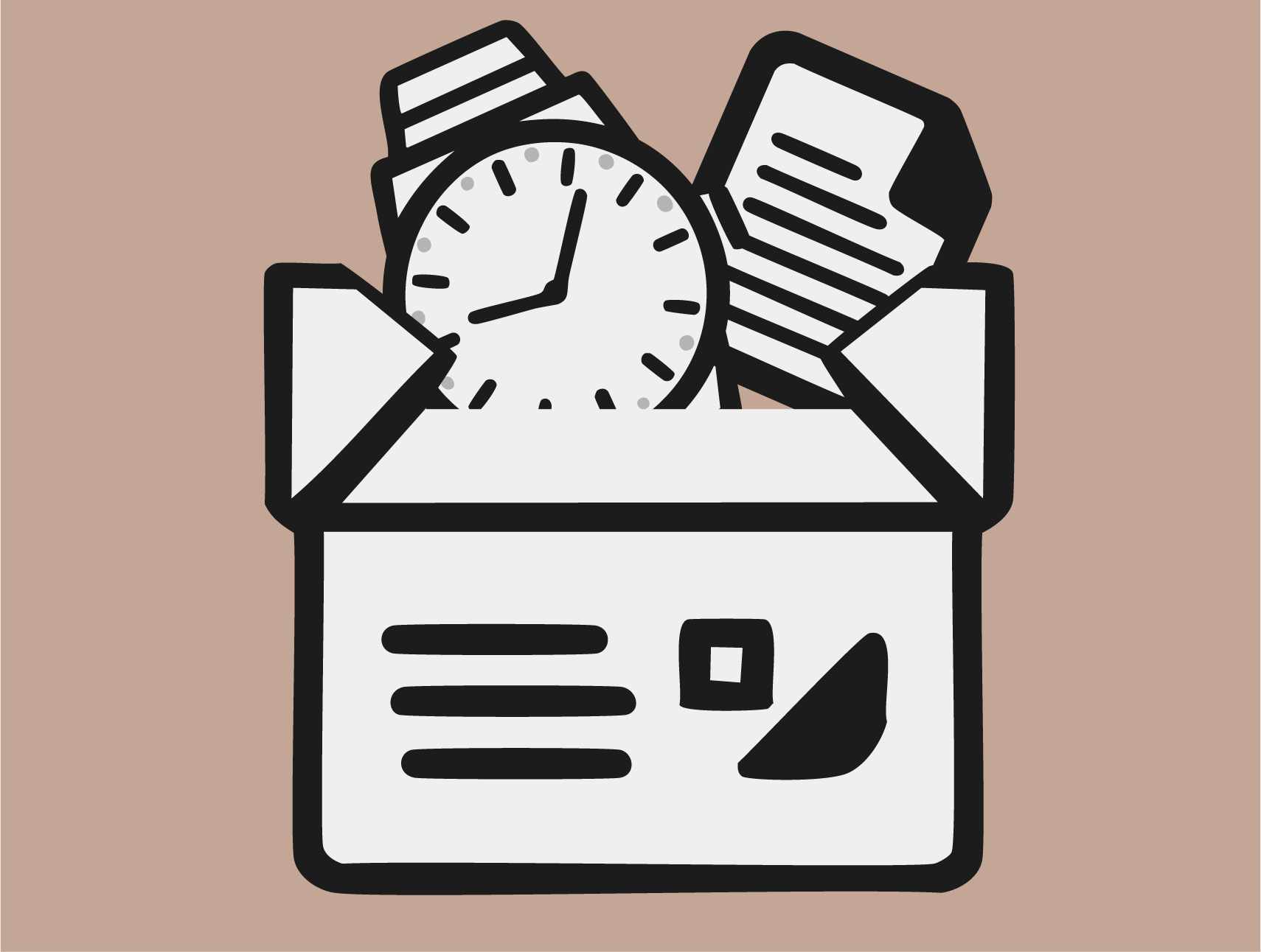 Icon für den Uhrenankauf, das eine Uhr, die zugehörigen Papiere und einen Versandkarton zeigt