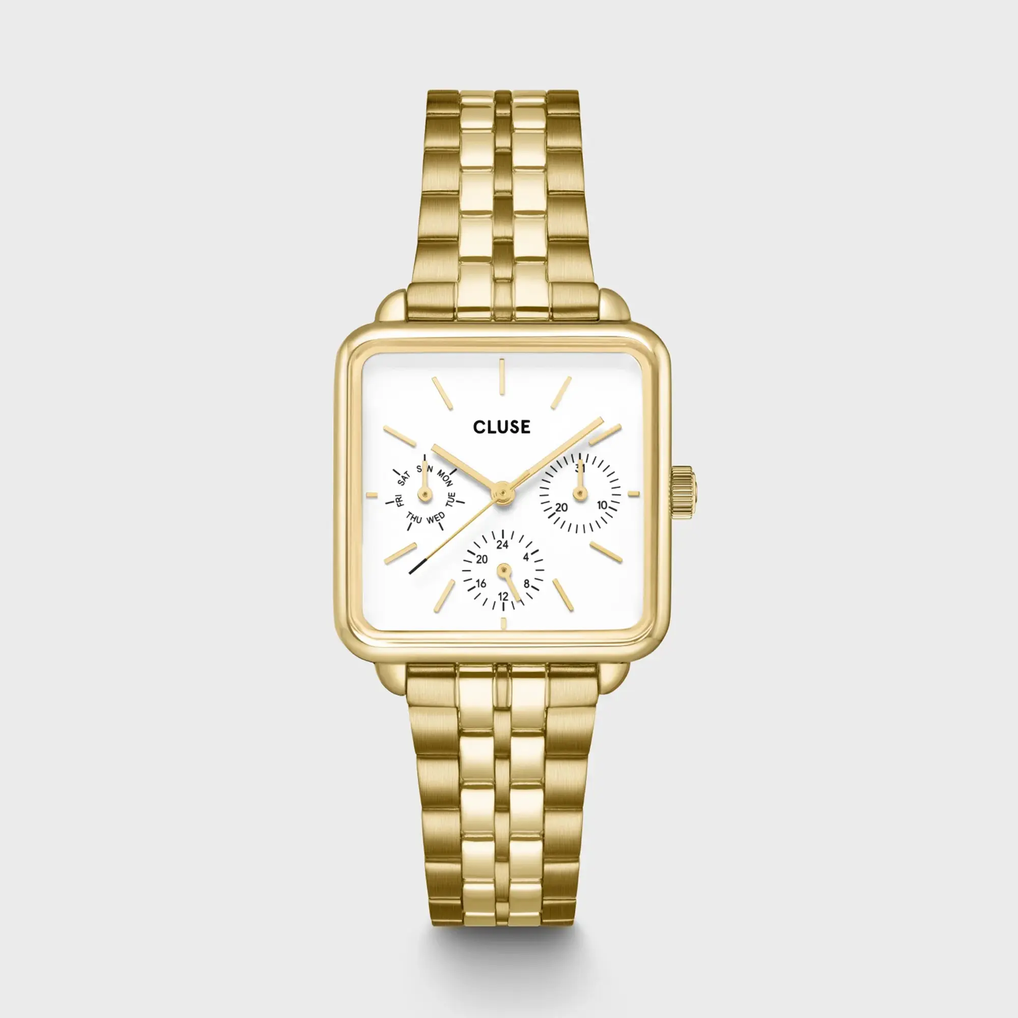 Frontale Ansicht der goldfarbenen Cluse Damenuhr La Tetragone Multifunction CW13804 mit weißem Zifferblatt in quadratischem Uhrengehäuse an einem goldfarbenem Edelstahl-Armband