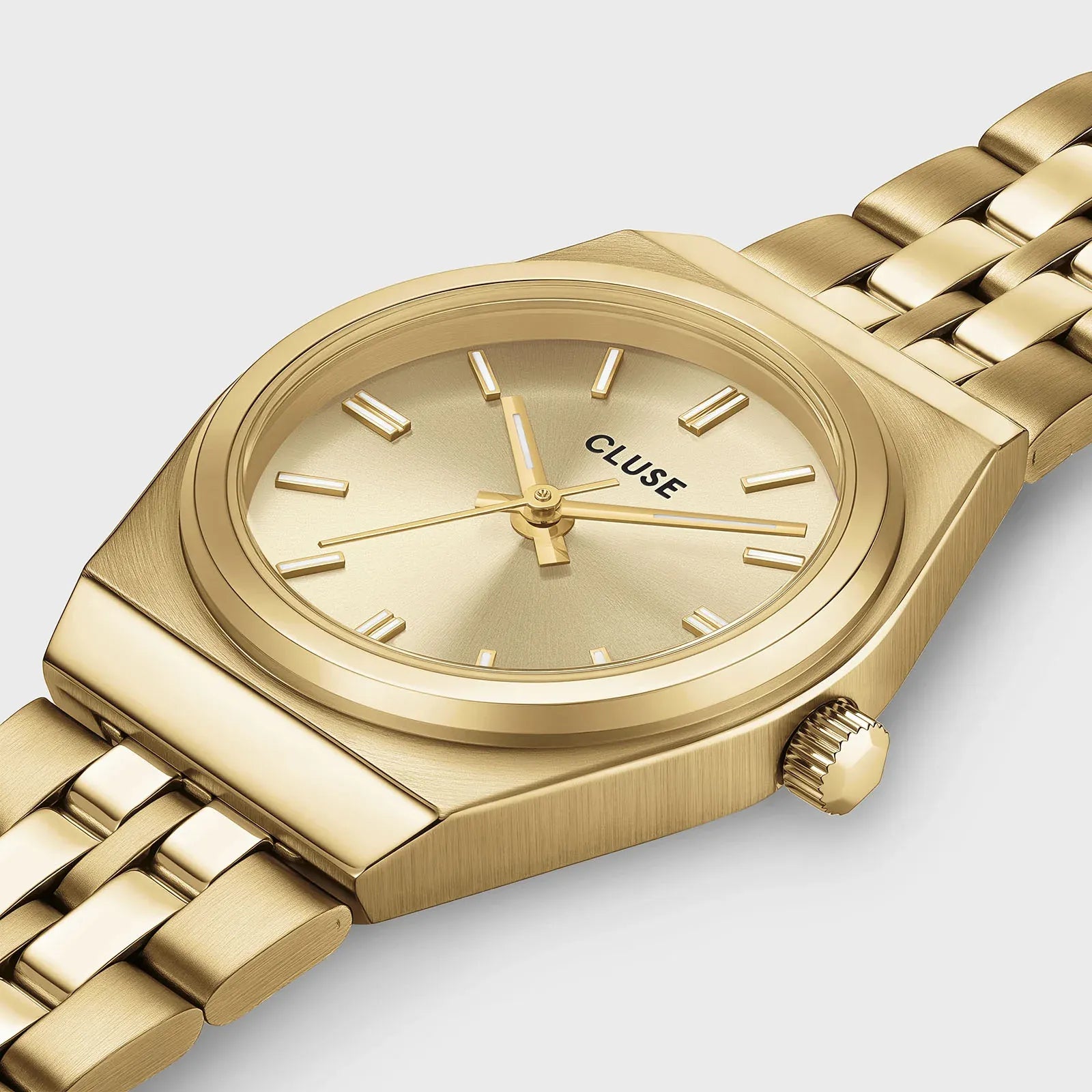 Detailansicht der goldfarbenen Cluse CW16302 Retro 70s Mini Damenuhr