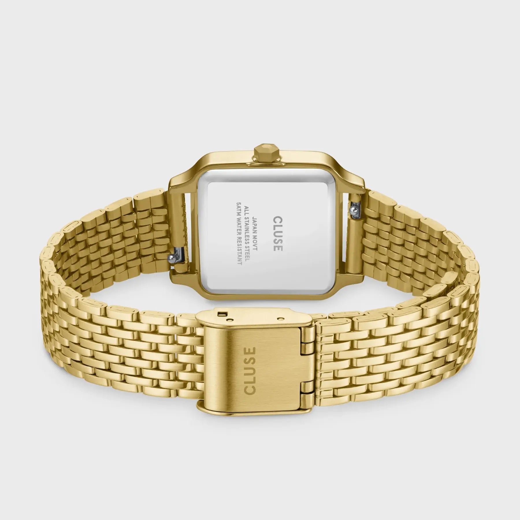 Blick auf das Armband der goldfarbenen Cluse Damenuhr Gracieuse Petite der Referenz CW11815 mit weißem Zifferblatt an einem feingliedrigen goldfarbenem Armband