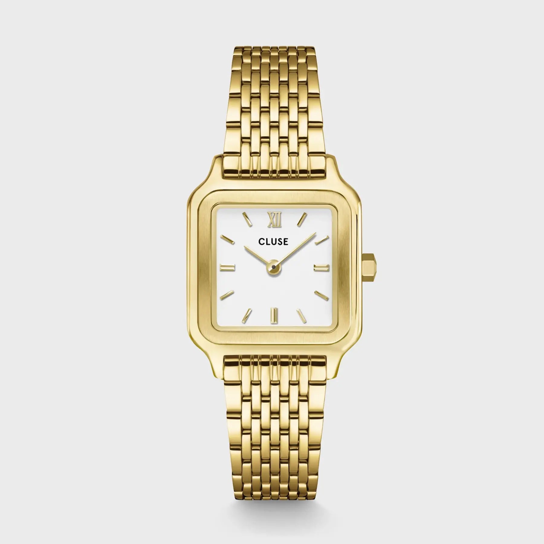 Frontale Ansicht der goldfarbenen Cluse Damenuhr Gracieuse Petite der Referenz CW11815 mit weißem Zifferblatt an einem feingliedrigen goldfarbenem Armband
