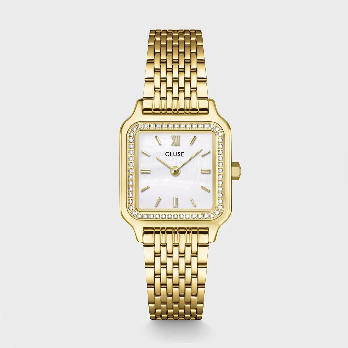 Frontale Ansicht der goldfarbenen Cluse Gracieuse Damenuhr CW11826 mit weißem Zifferblatt und einem Glassteinbesatz auf der Lünette