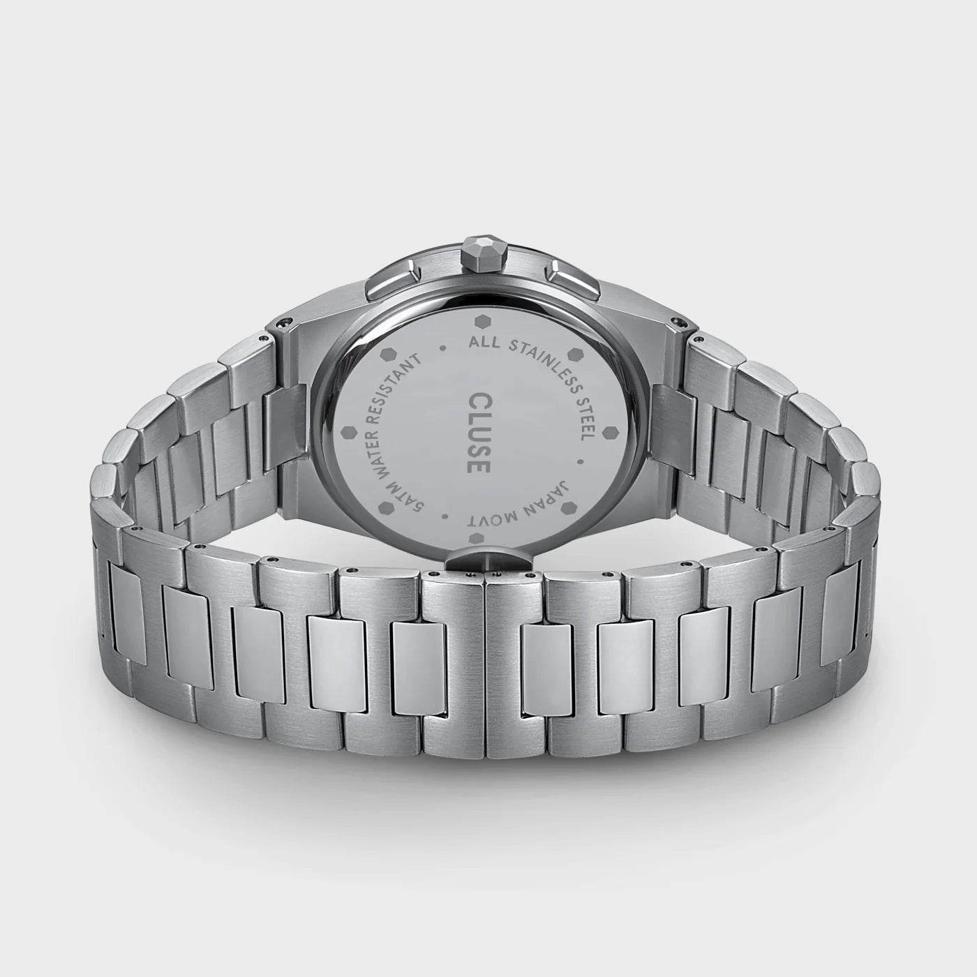 Rückseite der der Vigoureux Chronograph-Uhr von Cluse in Edelstahl mit dem silbernen Zifferblatt mit schwarzen Totalisatoren