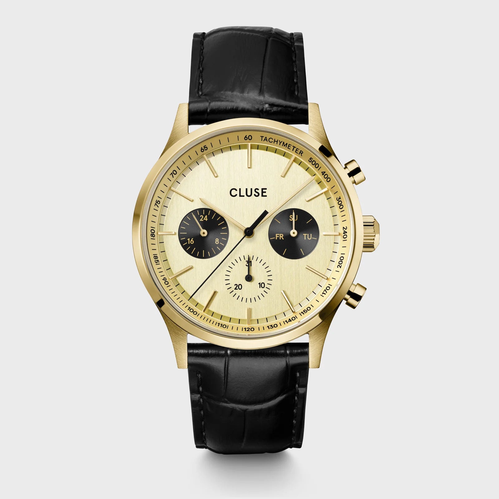 Frontansicht des Chronographen für Herren CW21005 von Cluse mit goldfarbenem Gehäuse und schwarzem Lederband