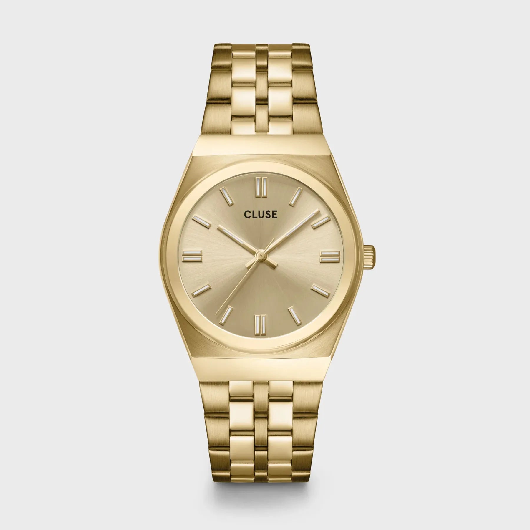 Frontale Ansicht der goldfarbenen Cluse Damenuhr Retro 70s der Referenz CW35104 mit integriertem Armband und goldfarbenem Zifferblatt
