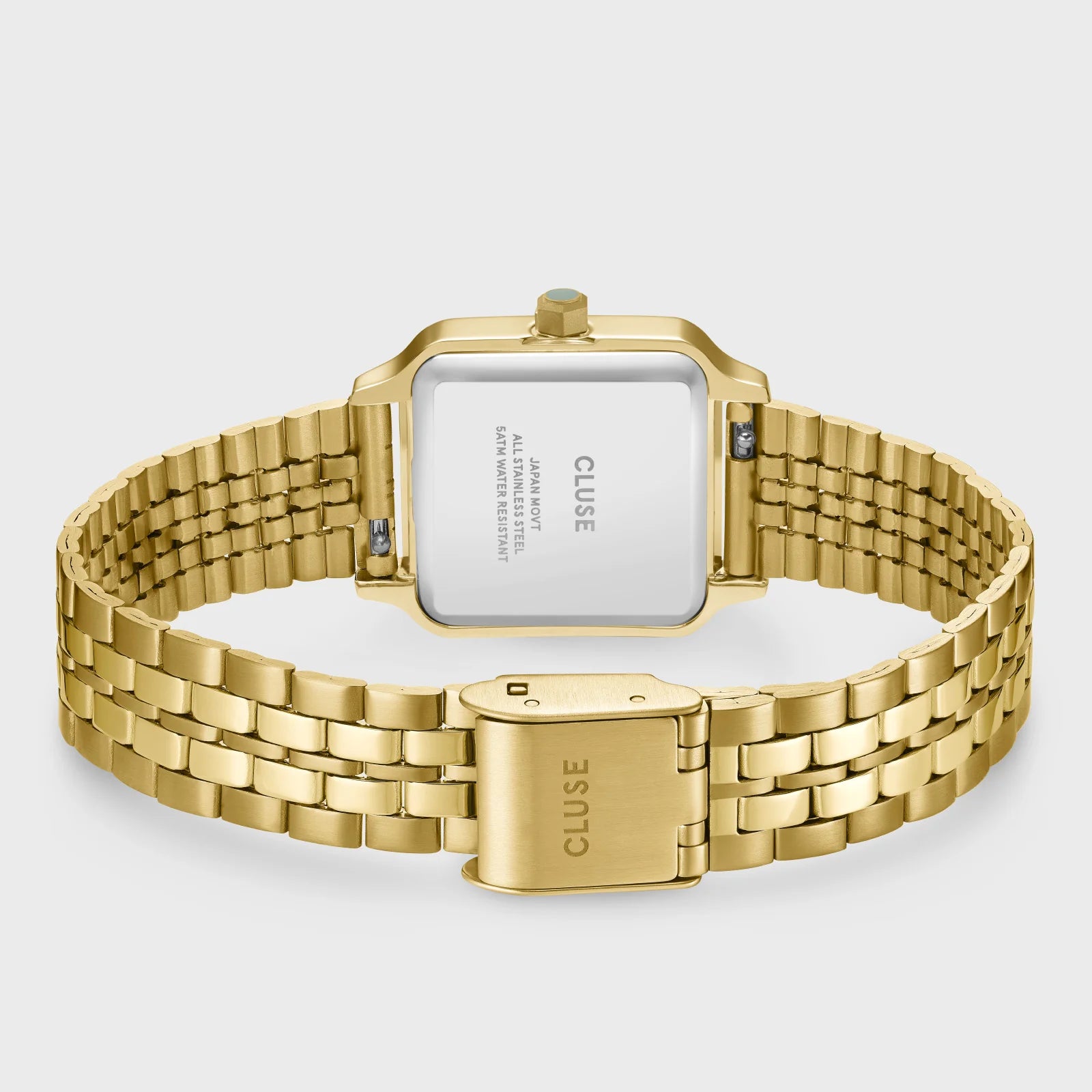 Blick auf das Armband mit 5 Elementen der goldfarbenen Cluse Gracieuse Petite Damenuhr mit rechteckigem Gehäuse und salbeigrünem Zifferblatt