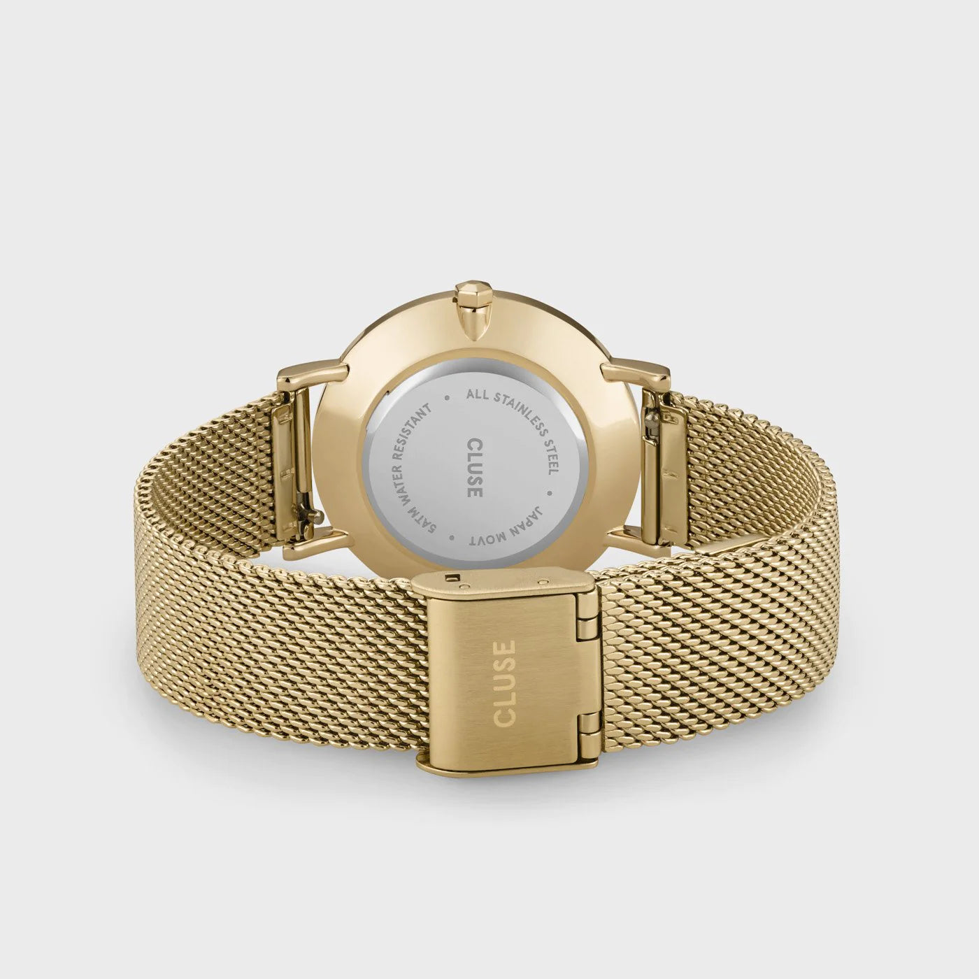 Gehäuseboden und Armband aus Mesh-Edelstahl der Cluse Stahl-Uhr "Minuit Mesh" mit goldfarbenem Gehäuse und weißem Zifferblatt