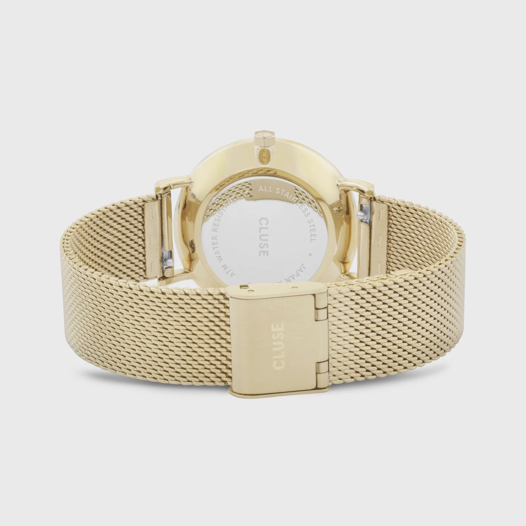 Gehäuseboden und Mesh-Armbdand der Cluse Stahl-Uhr "Minuit Mesh" mit gelbgolden-farbigen Gehäuse