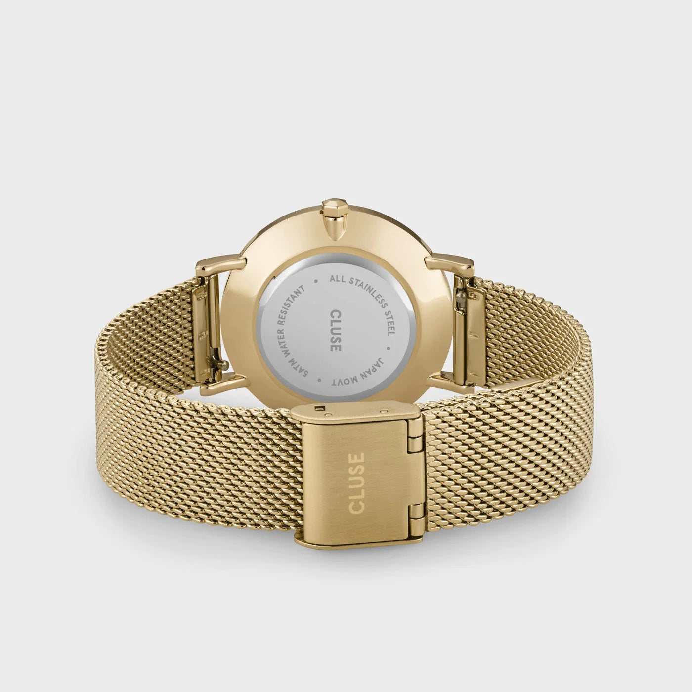 Gehäuseboden und Armband der Cluse Stahl-Uhr "Minuit Mesh" mit gelbgolden-farbigen Gehäuse