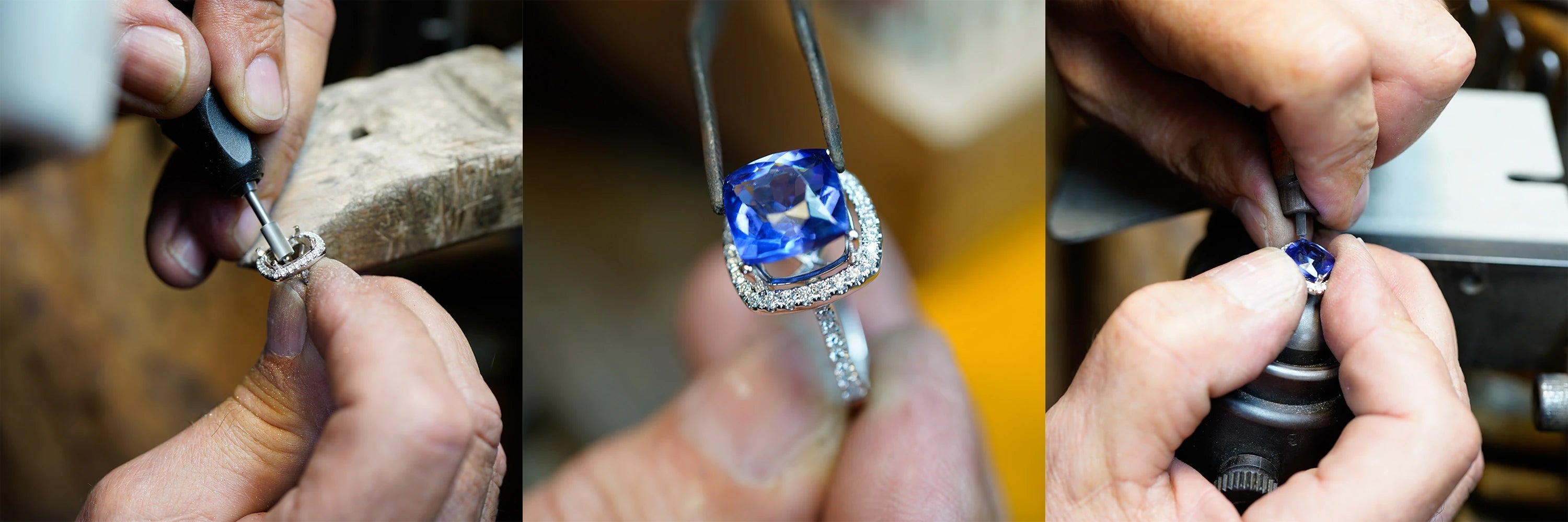 Collage aus drei Bildern, die den Fertigungsprozess in Handarbeit eines Tansanit-Brillant-Rings in Weißgold zeigen
