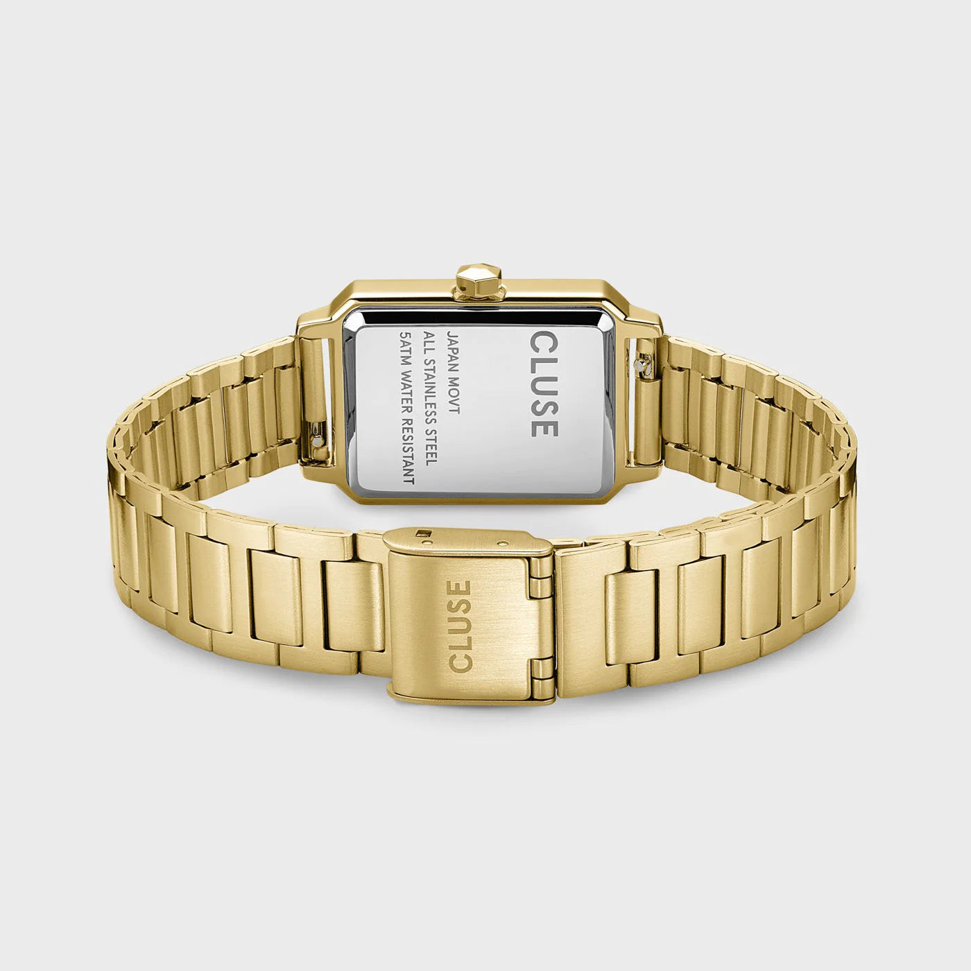 Gehäuseboden und Edelstahl-Armband der Cluse "Fluette" Stahl-Uhr mit gelbgold-farbenem Zifferblatt und Gehäuse
