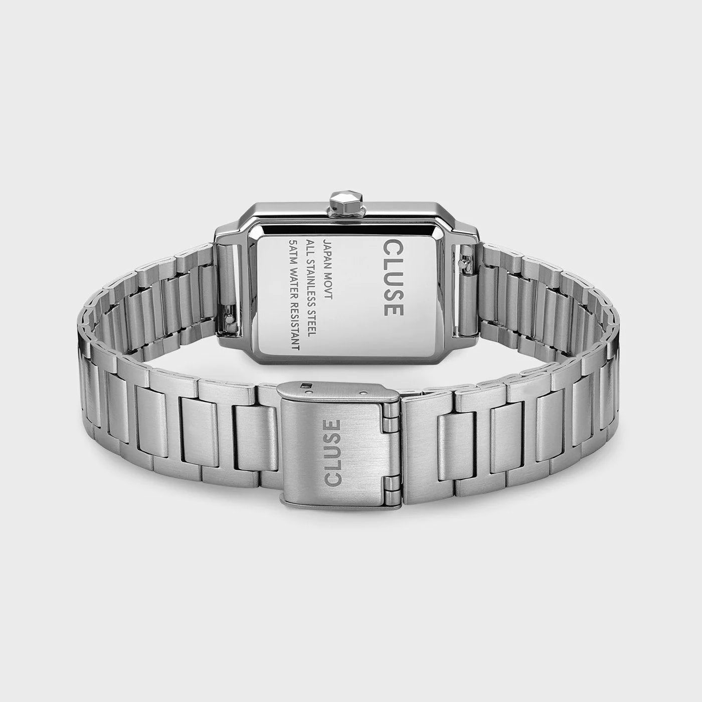 Gehäuseboden und Edelstahl-Armband der Cluse "Fluette" Stahl-Uhr mit silberfarbenem Gehäuse