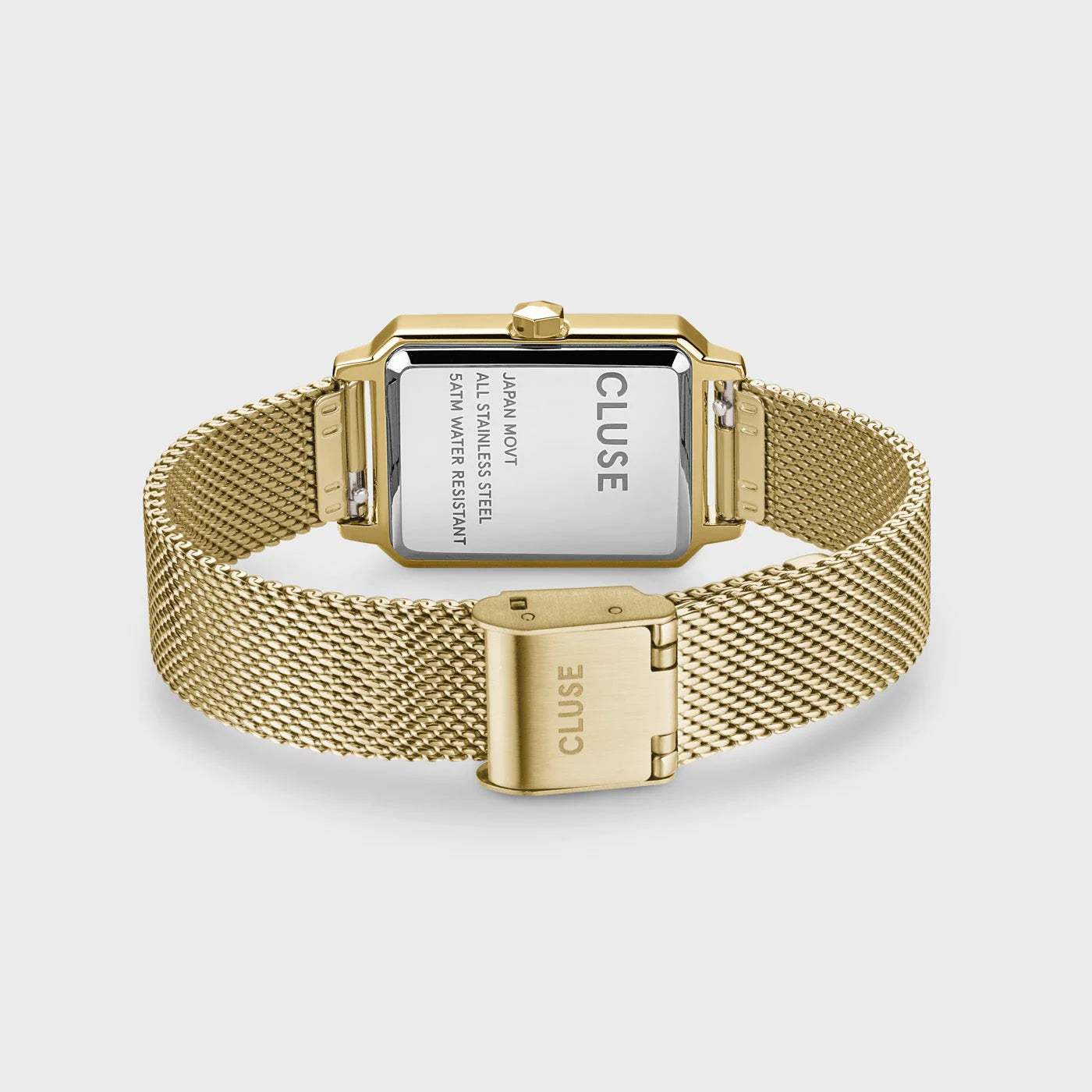 Gerhäuseboden und Mesh-Armband der Cluse Stahl-Uhr "Fluette" mit gelbgoden-farbigem Gehäuse und weißem Zifferblatt
