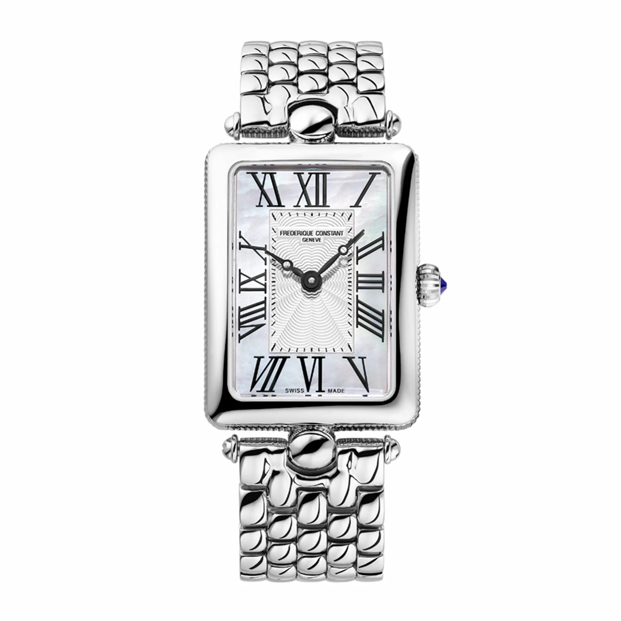 Frontale Ansicht der Frederique Constant Art Deco Carre aus der Classics Kollektion mit einem rechteckigen Uhrengehäuse mit einem Zifferblatt in Perlmutt-Optik und schwarzen, römischen Ziffern