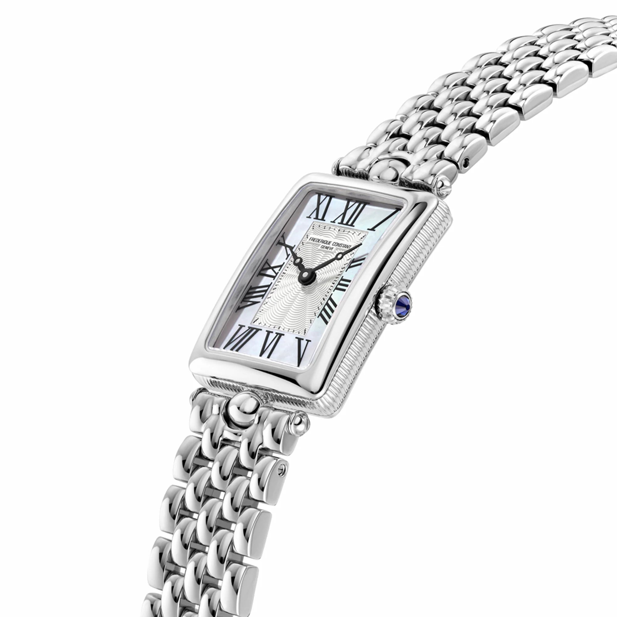 Leicht seitliche Ansicht der Frederique Constant Art Deco Carre aus der Classics Kollektion mit einem rechteckigen Uhrengehäuse mit einem Zifferblatt in Perlmutt-Optik und schwarzen, römischen Ziffern