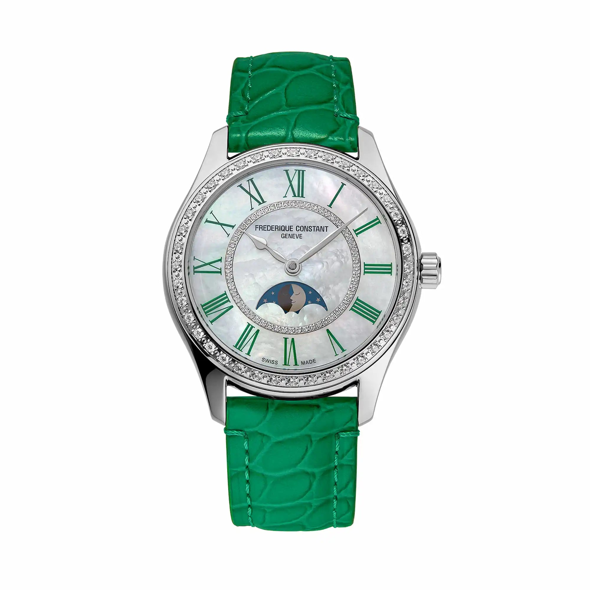 Frontale Ansicht der Classics Elegance Luna in Grün von Frederique Constant mit diamantbesetzter Lünette, einem Perlmutt-Zifferblatt und einer Mondphase