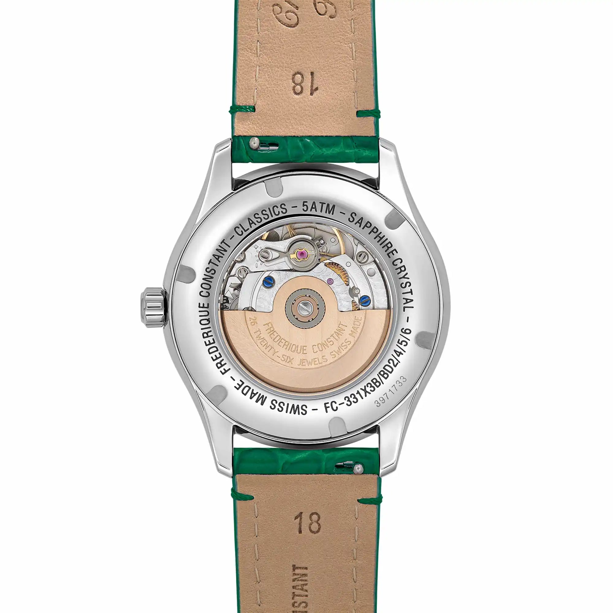 Rückseite der der Classics Elegance Luna in Grün von Frederique Constant mit diamantbesetzter Lünette, einem Perlmutt-Zifferblatt und einer Mondphase mit Blick auf den gläsernen Gehäuseboden