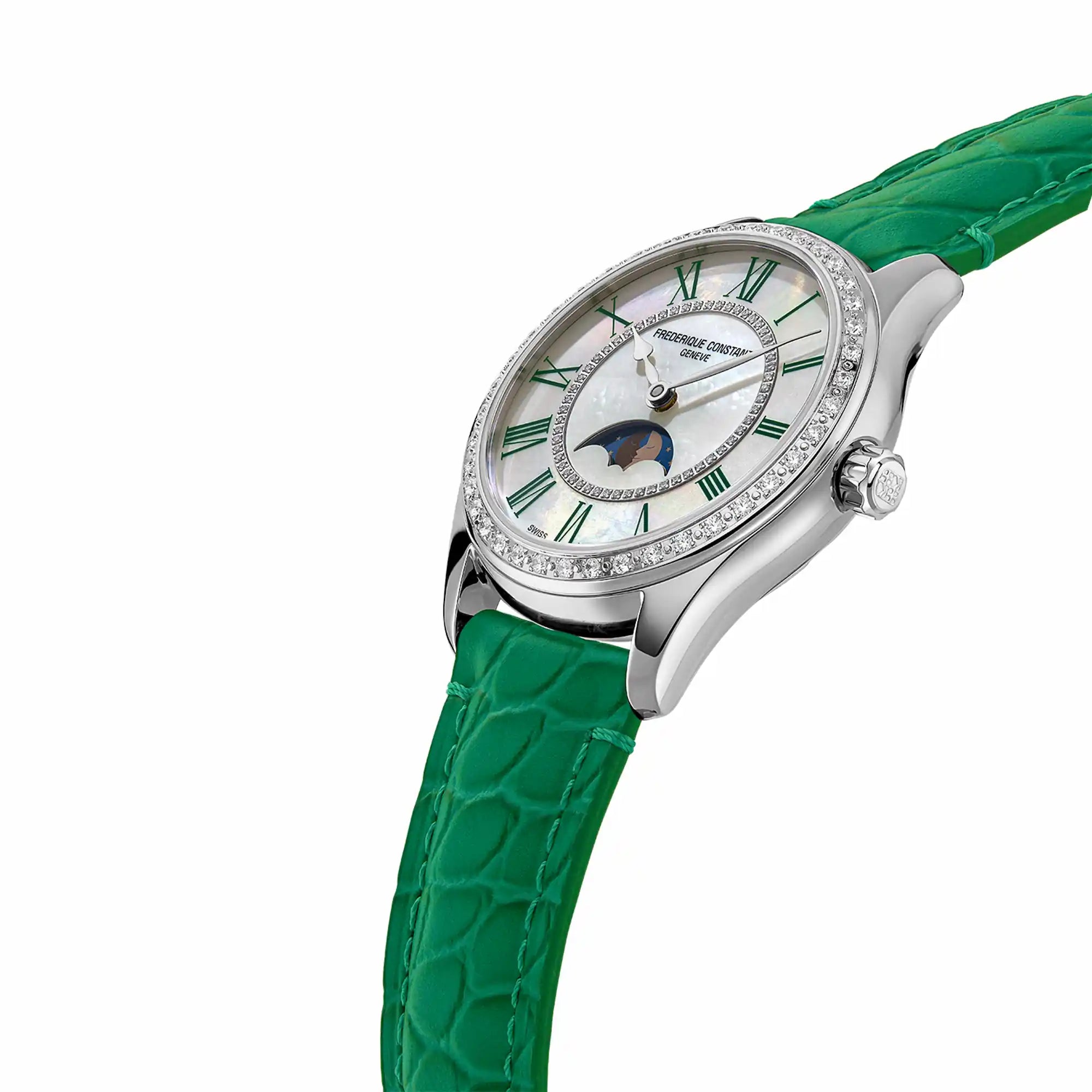 Leicht seitliche Ansicht der Classics Elegance Luna in Grün von Frederique Constant mit diamantbesetzter Lünette, einem Perlmutt-Zifferblatt und einer Mondphase