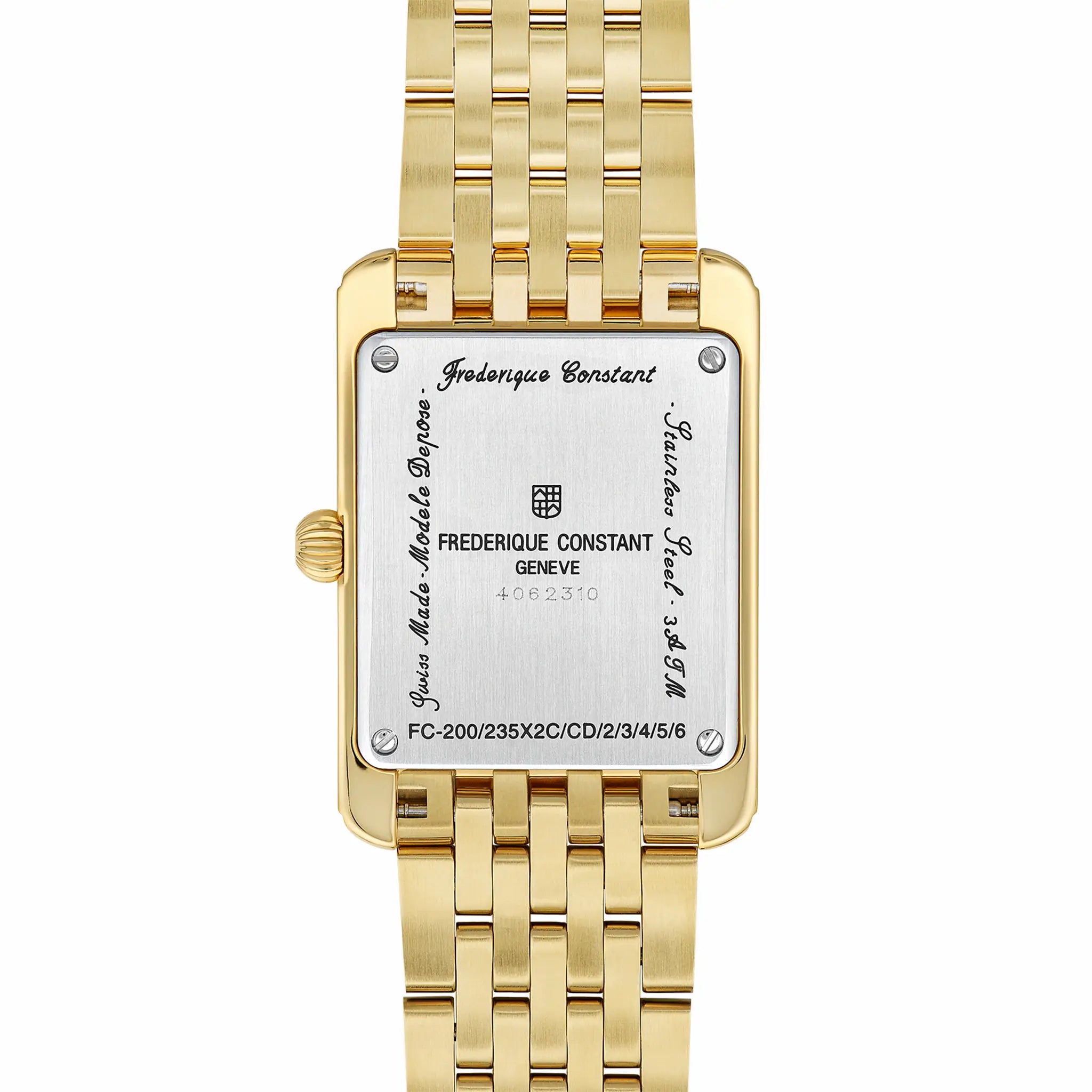 Rückseite der goldfarbenen Frederique Constant Classics Carree Small Seconds Armbanduhr mit rechteckigem Gehäuse im Art-Deco-Stil und römischen Indizes mit verschraubtem Gehäuseboden