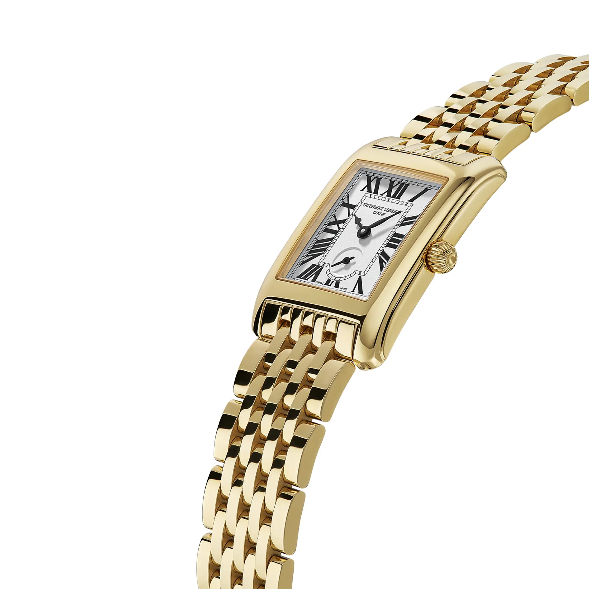 Leicht seitliche Ansicht der goldfarbenen Frederique Constant Classics Carree Small Seconds Armbanduhr mit rechteckigem Gehäuse im Art-Deco-Stil und römischen Indizes