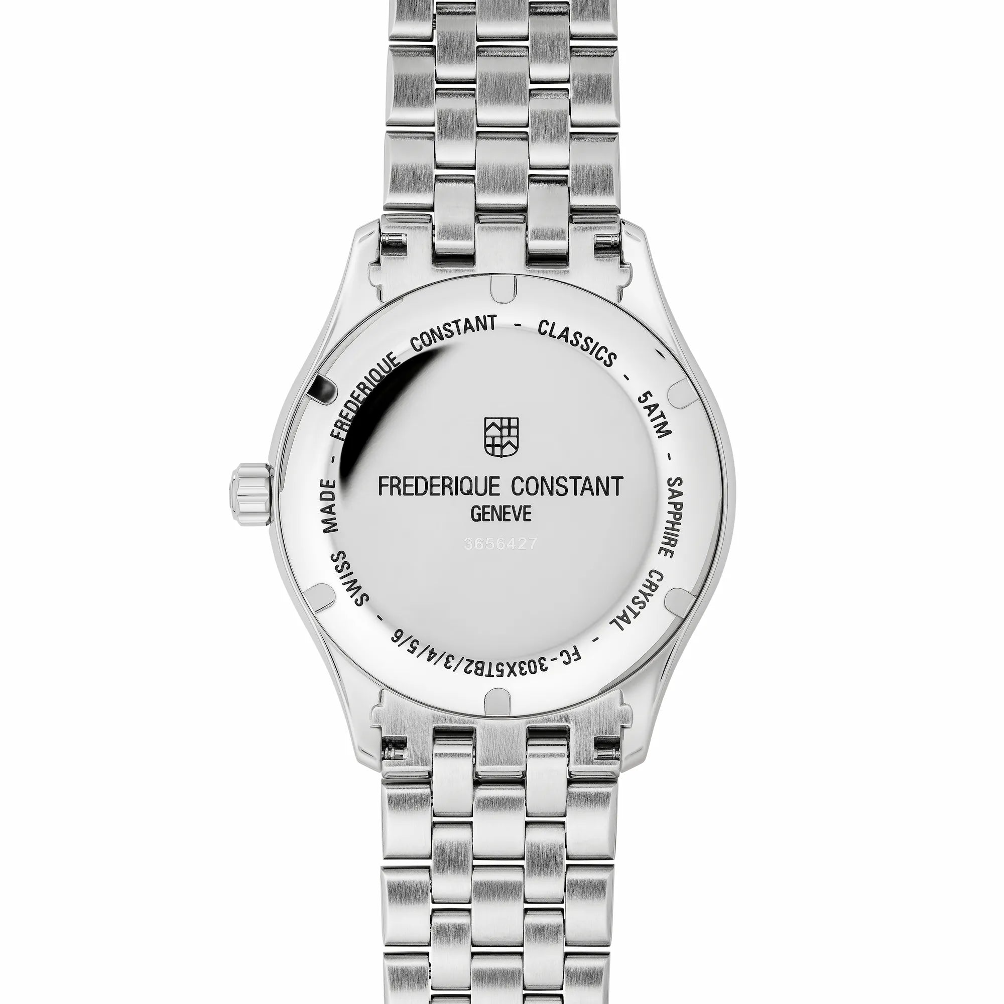 Rückseite mit Blick auf den Gehäuseboden der Frederique Constant Classics Index Automatic mit einem Edelstahl-Gehäuse an einem Edelstahl-Armband