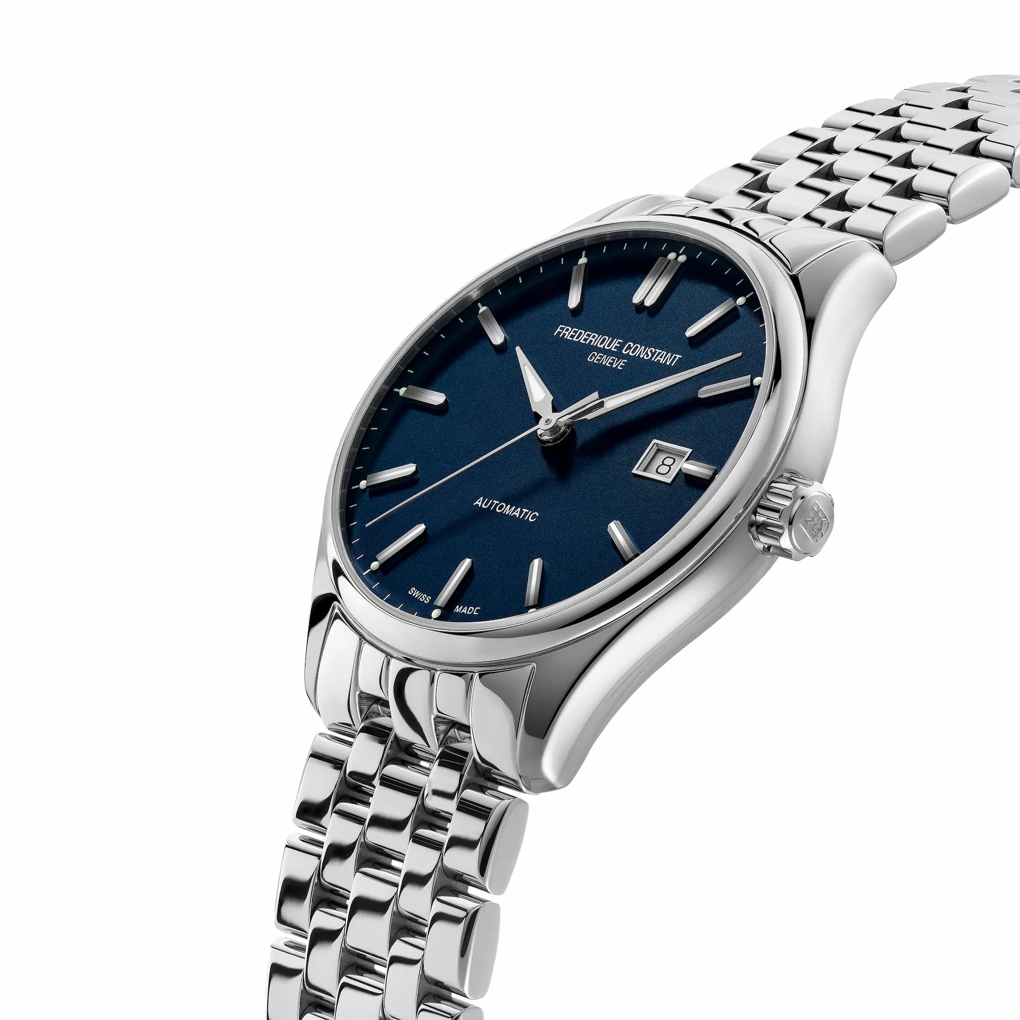 Leicht seitliche Ansicht der Frederique Constant Classics Index Automatic mit einem Edelstahl-Gehäuse an einem Edelstahl-Armband mit blauem Zifferblatt