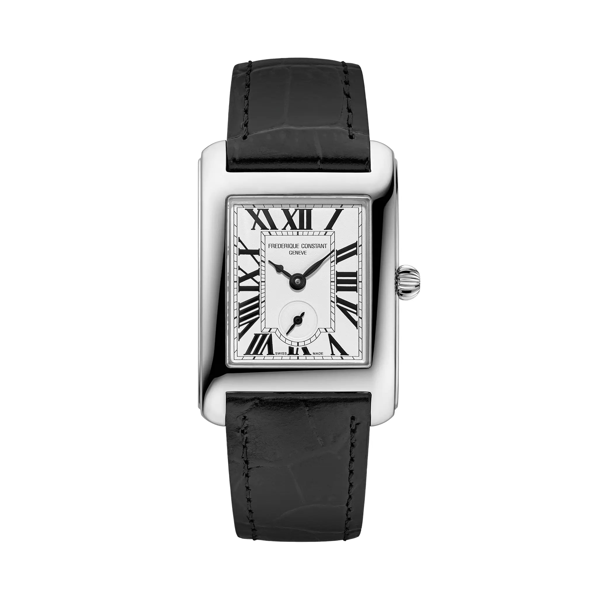 Frontalansicht der Frederique Constant Damenuhr FC-235S2C6 aus der Classic-Kollektion mit einem rechteckigen Uhrengehäuse und einem silbernen Zifferblatt mit römischen Ziffern und der kleinen Sekunde auf 6 Uhr