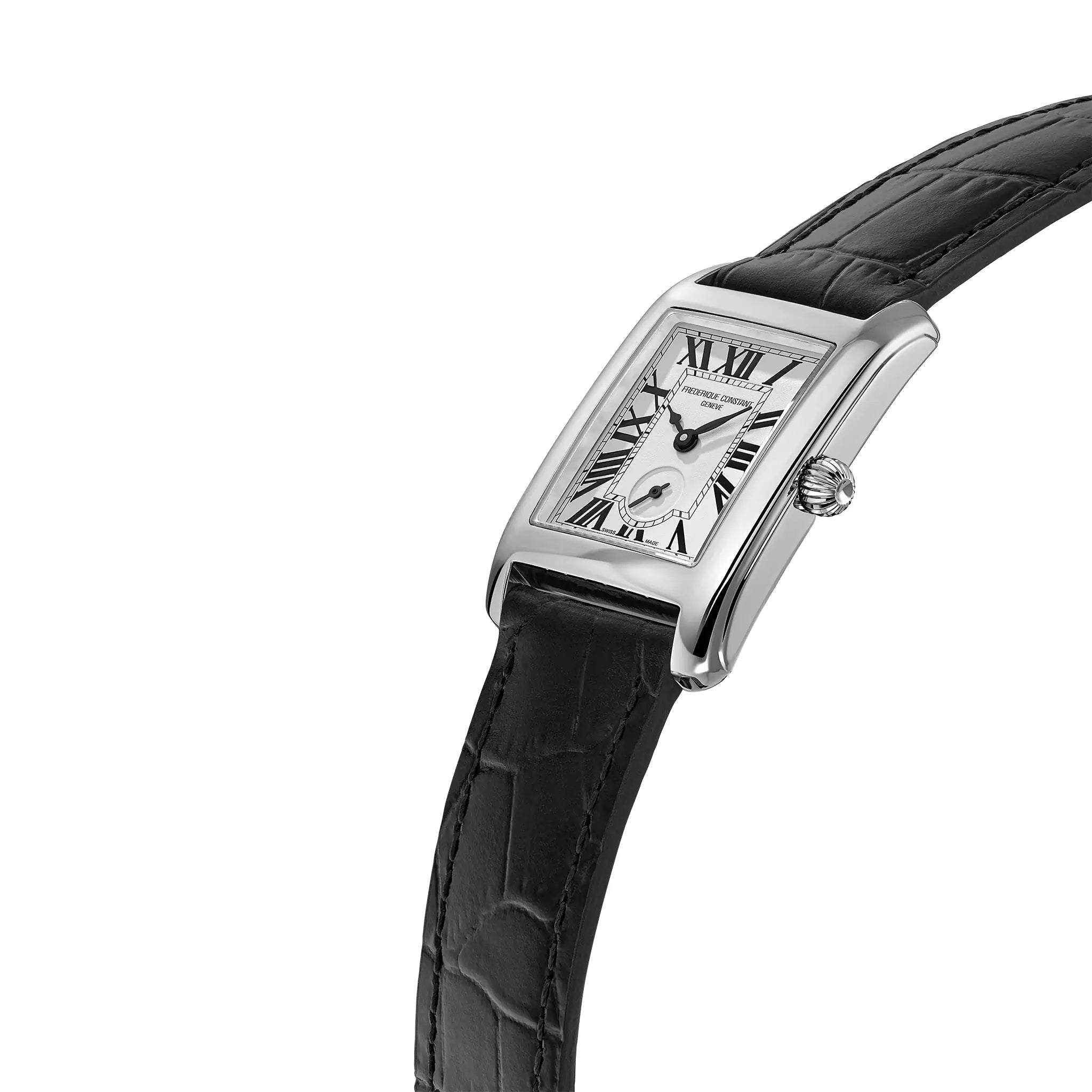 Leicht seitliche Ansicht der Frederique Constant Damenuhr FC-235S2C6 aus der Classic-Kollektion mit einem rechteckigen Uhrengehäuse und einem silbernen Zifferblatt mit römischen Ziffern und der kleinen Sekunde auf 6 Uhr