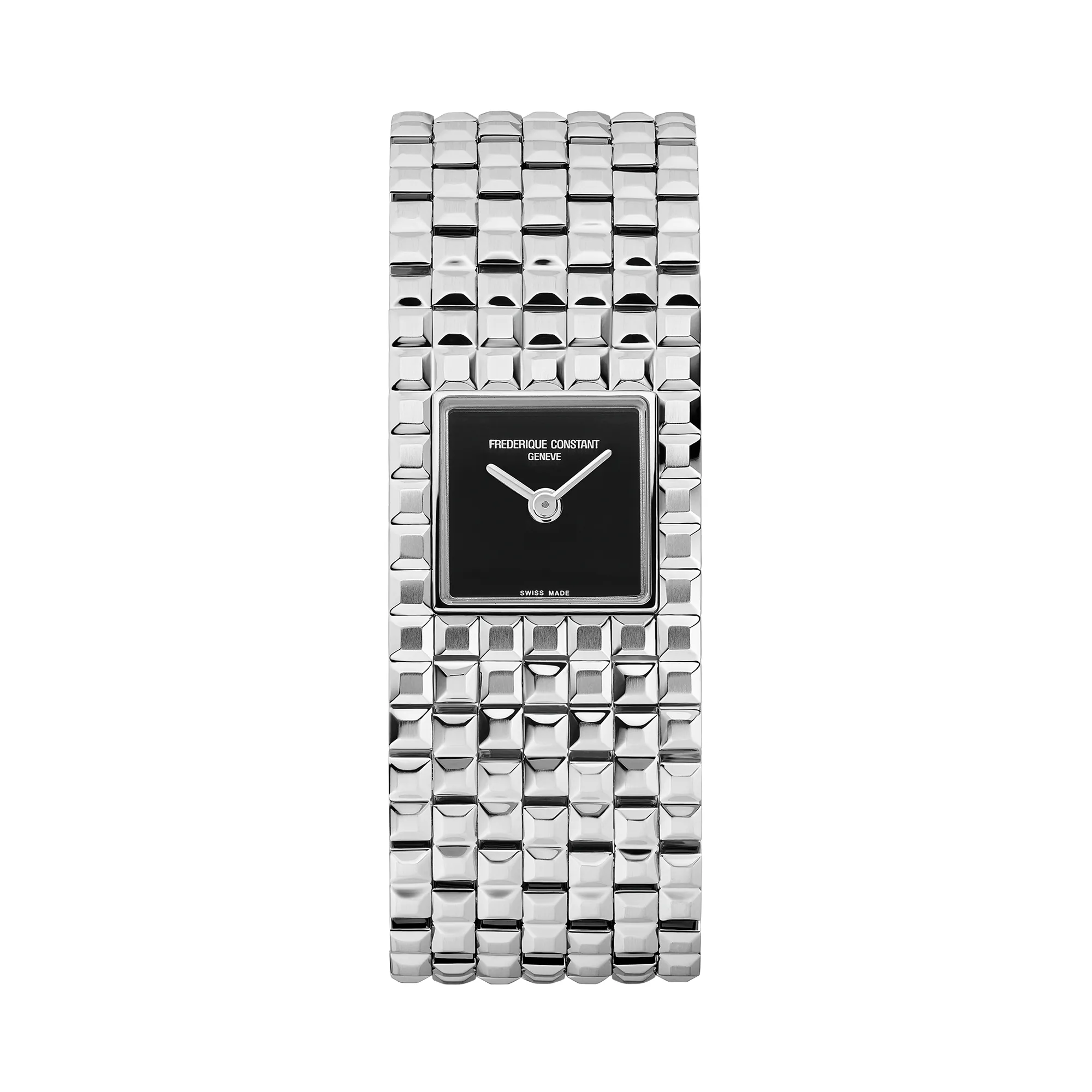 Frontale Ansicht der Manchette Armbanduhr von Frederique Constant mit schwarzem Onyx Zifferblatt, die insgesamt mehr einem Armband ähnelt