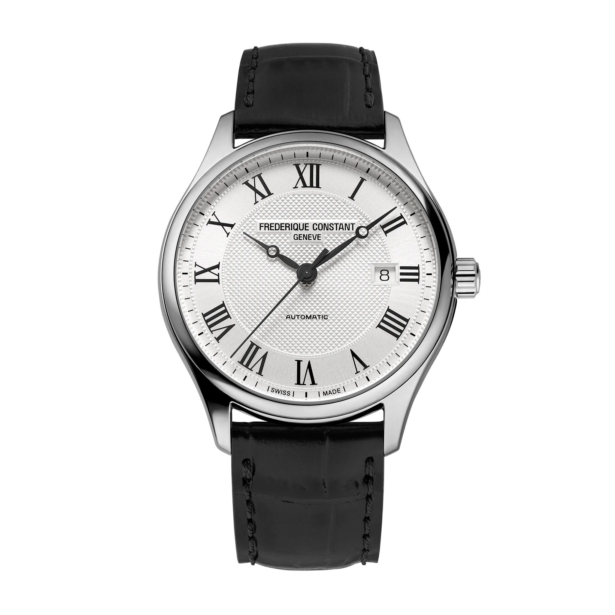 Frontale Ansicht der Frederique Constant Classics Automatic FC-303MC5B6 mit silberfarbenen Zifferblatt und römischen Indizes