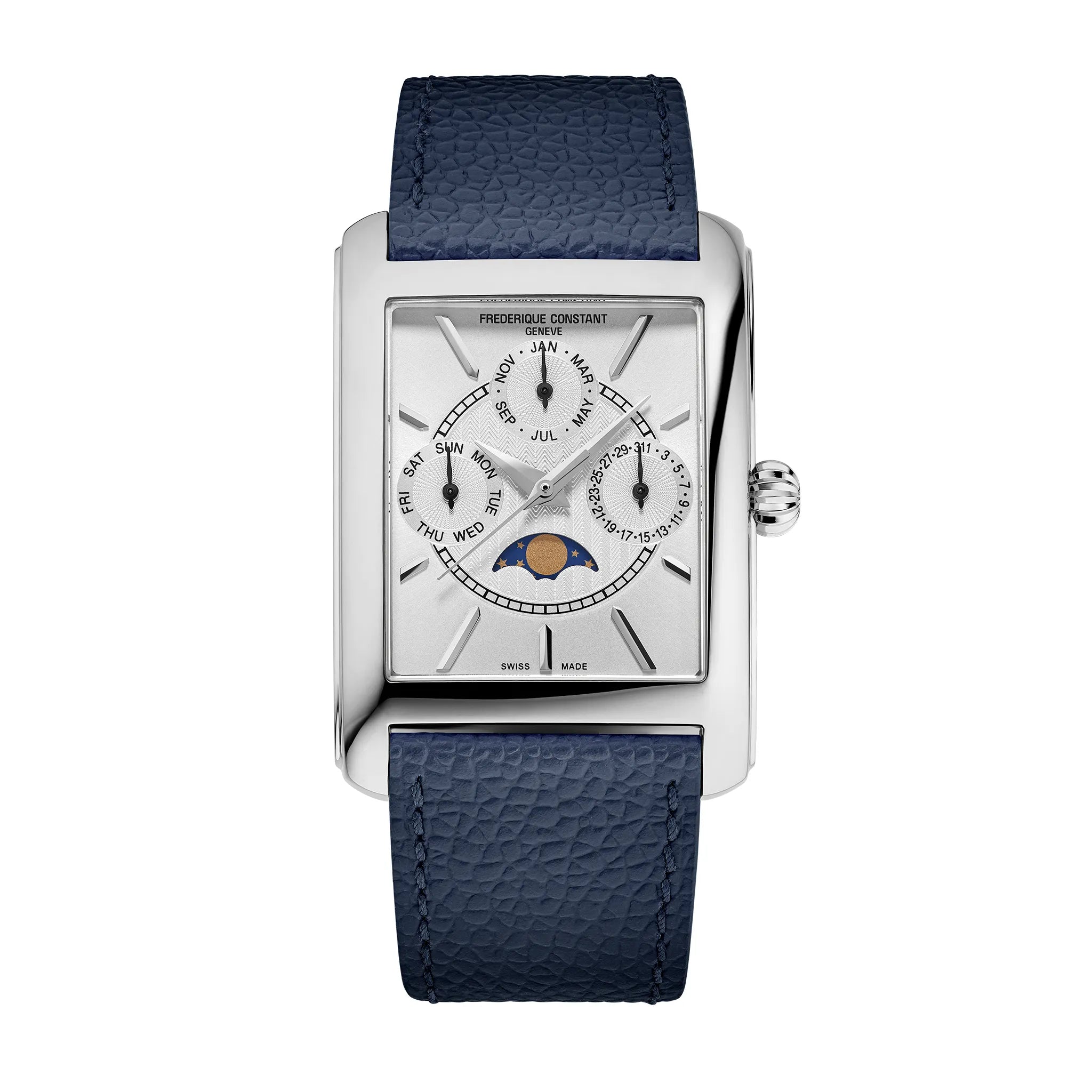 Frontale Ansicht der Frederique Constant Classics Mondphase FC-265S4C6 mit eckigem Gehäuse am blauen Lederband