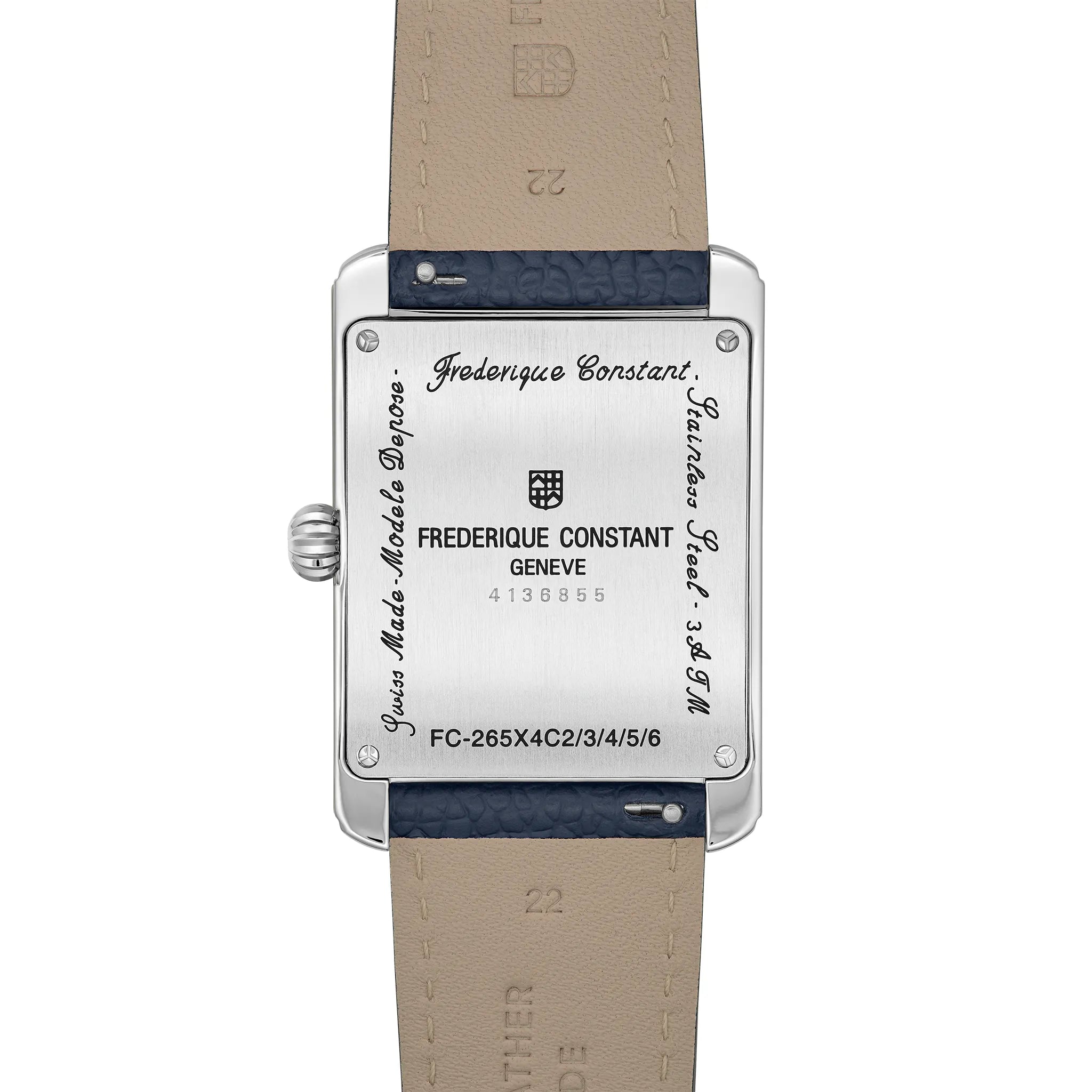 Blick auf den
Gehäuseboden der Frederique Constant Classics Mondphase FC-265S4C6 mit eckigem Gehäuse am blauen Lederband