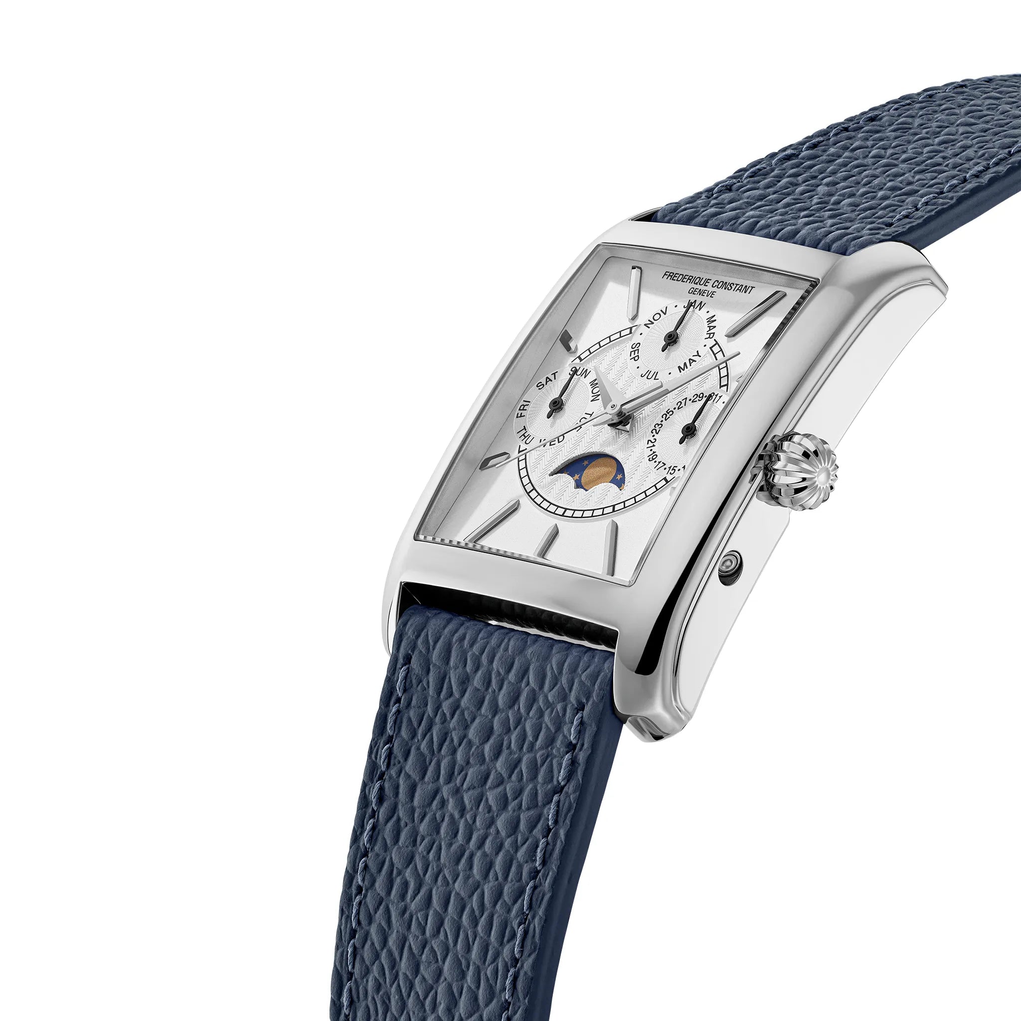 Seitliches Ansicht der Frederique Constant Classics Mondphase FC-265S4C6 mit eckigem Gehäuse am blauen Lederband