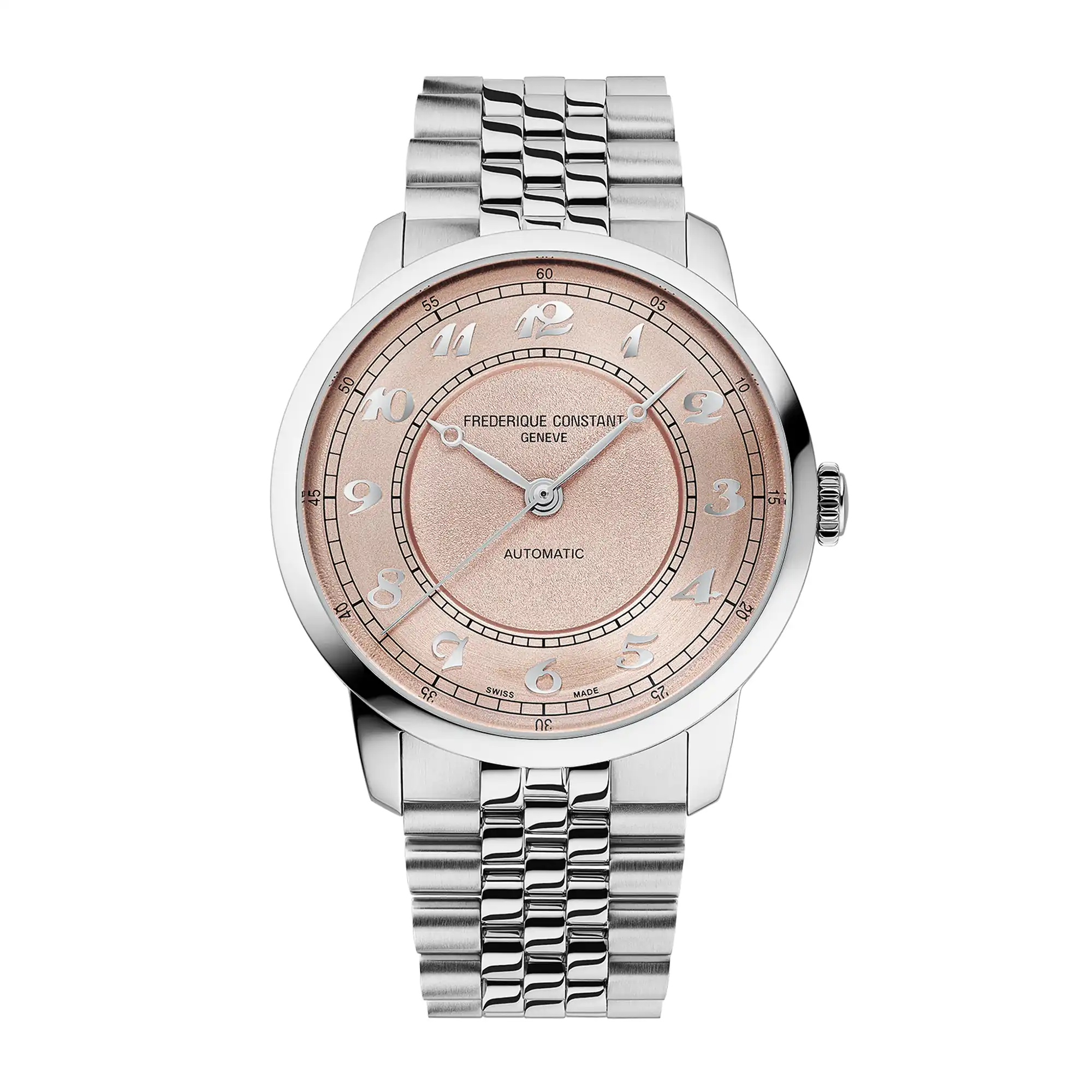 Frontale Ansicht der Frederique Constant "Classics Premiere" Armbanduhr FC-301SALB6B mit lachsrosa-farbenen Zifferblatt mit zwei verschiedenen Oberflächenstrukturen und arabischen Ziffern im klassischen Stil
