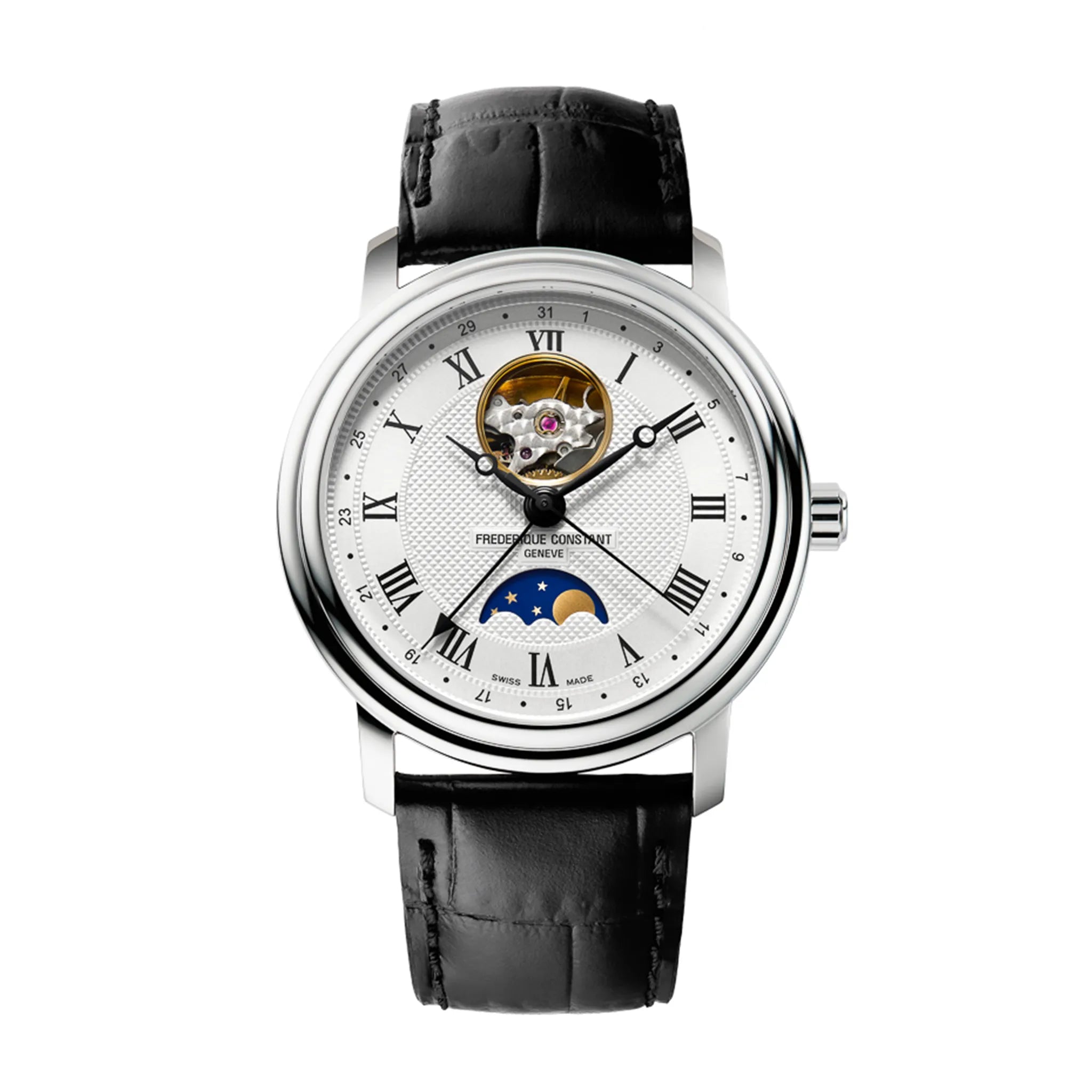 Frontale Ansicht der Heart Beat Moonphase Date Armbanduhr von Frederique Constant aus der Classics Kollektion