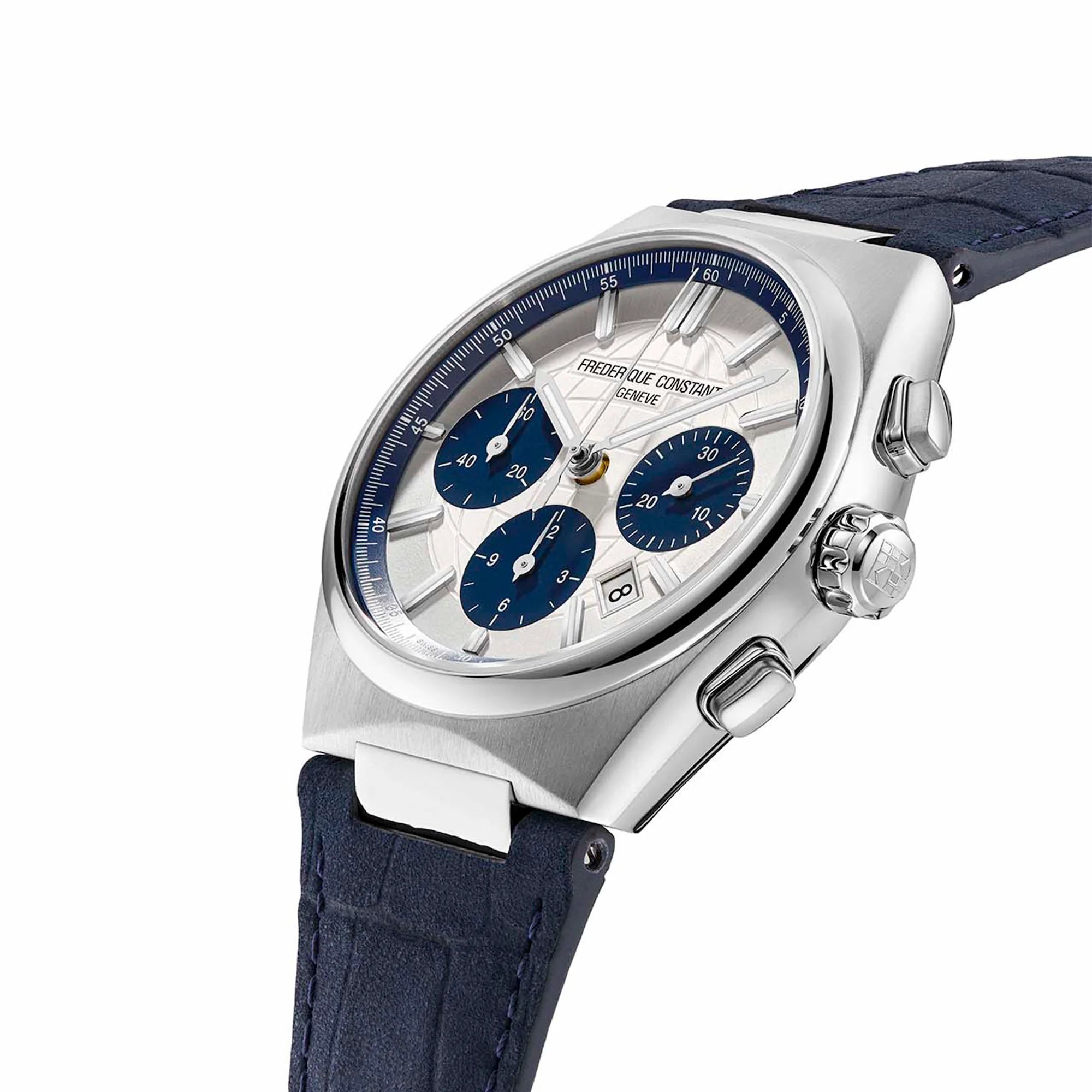 Leicht seitliche Ansicht des Automatic Chronographen mit blauen Akzenten und einem dunkelblauen Lederarmband von Frederique Constant aus der Highlife-Kollektion