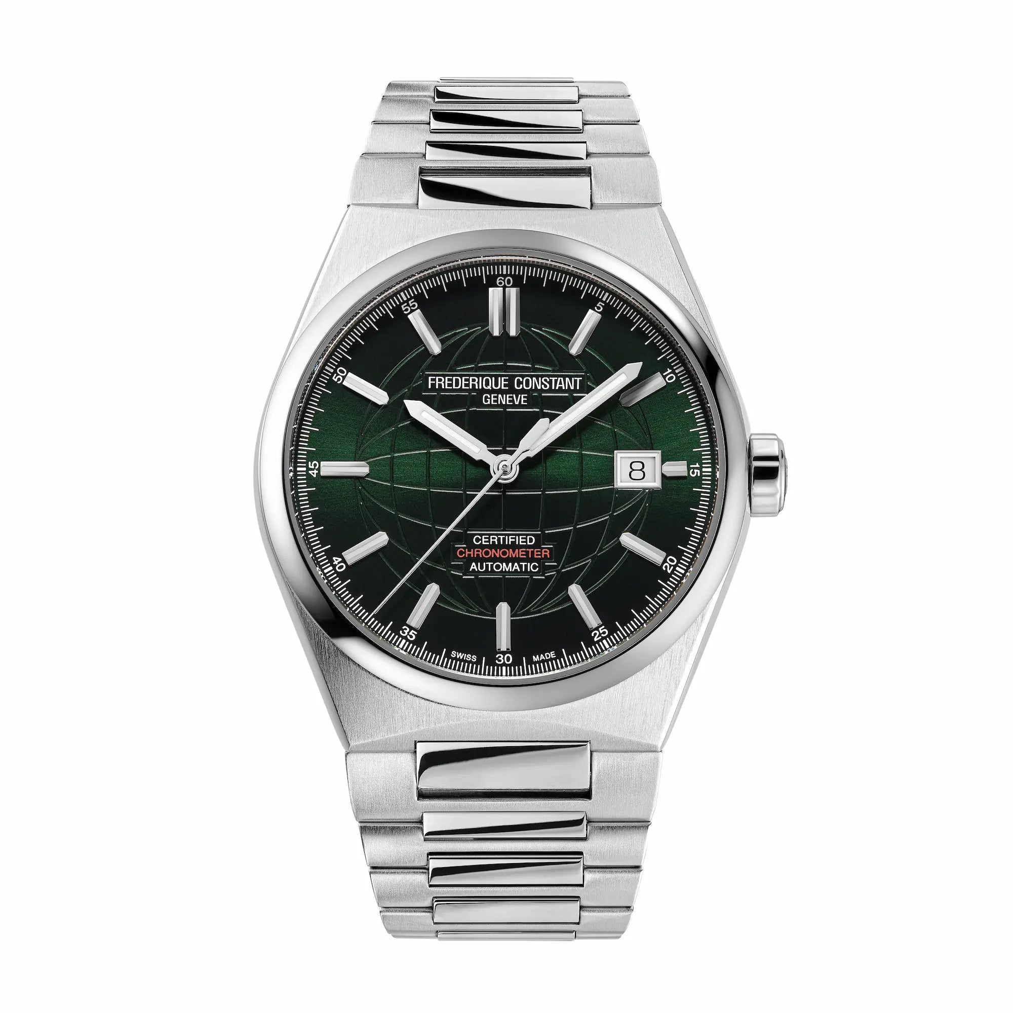 Frontale Ansicht des Uhren-Modells "Highlife Automatic COSC" mit dem grünen Sonnenschliff Zifferblatt von Frederique Constant