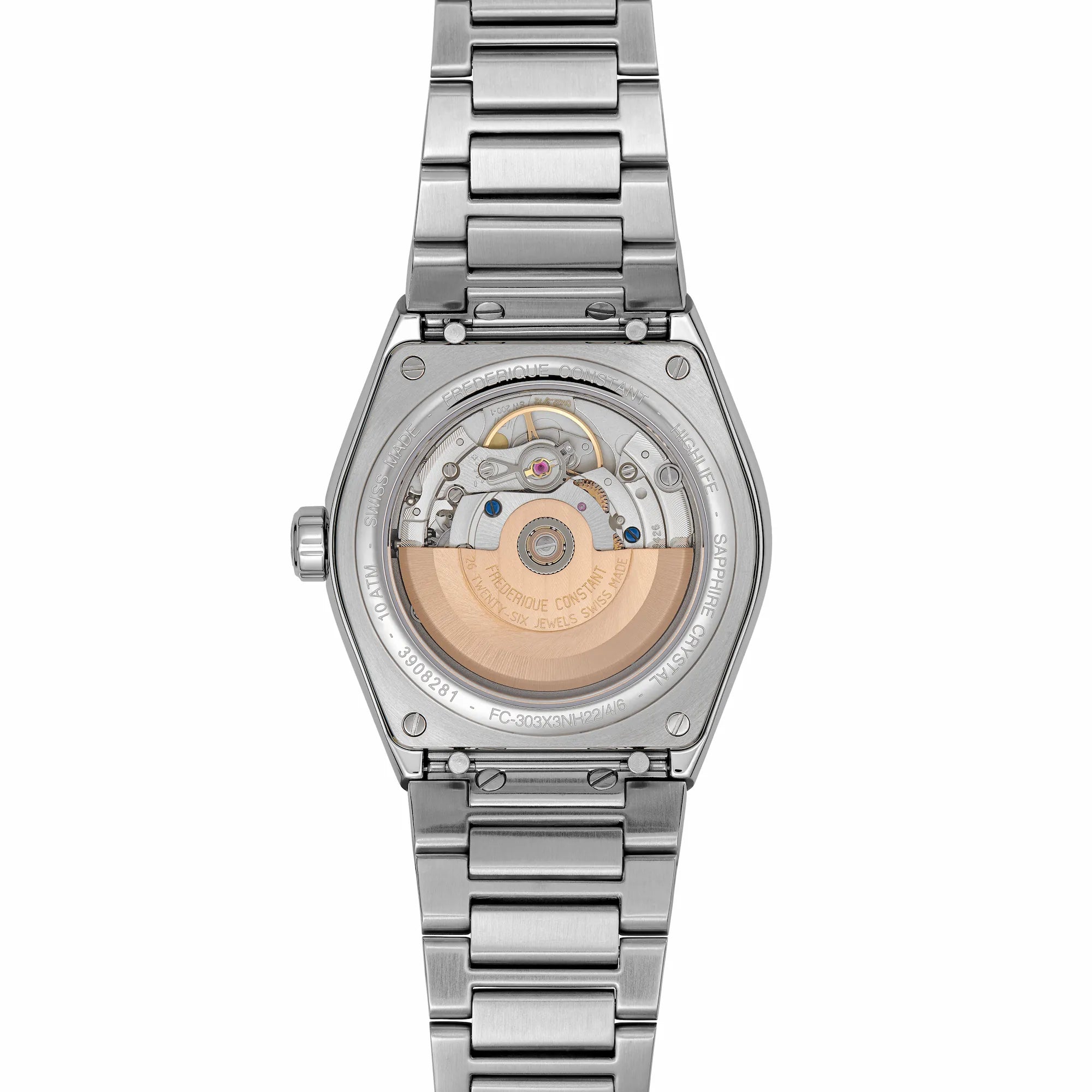 Rückseite mit Blick durch den gläsernen Gehäuseboden des Uhren-Modells "Highlife Automatic COSC" mit dem grünen Sonnenschliff Zifferblatt von Frederique Constant