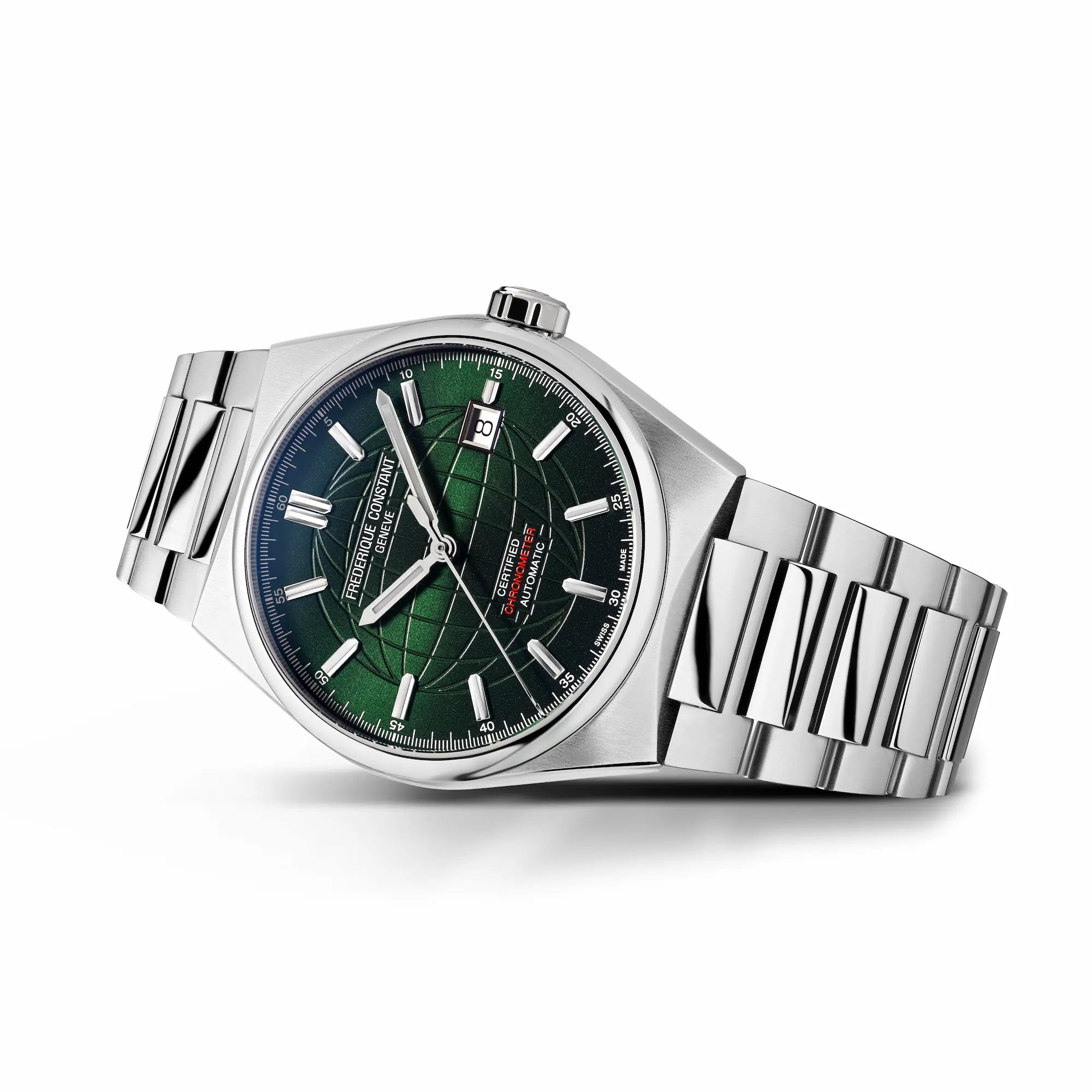Produktfotografie der liegenden "Highlife Automatic COSC" mit dem grünen Sonnenschliff Zifferblatt von Frederique Constant
