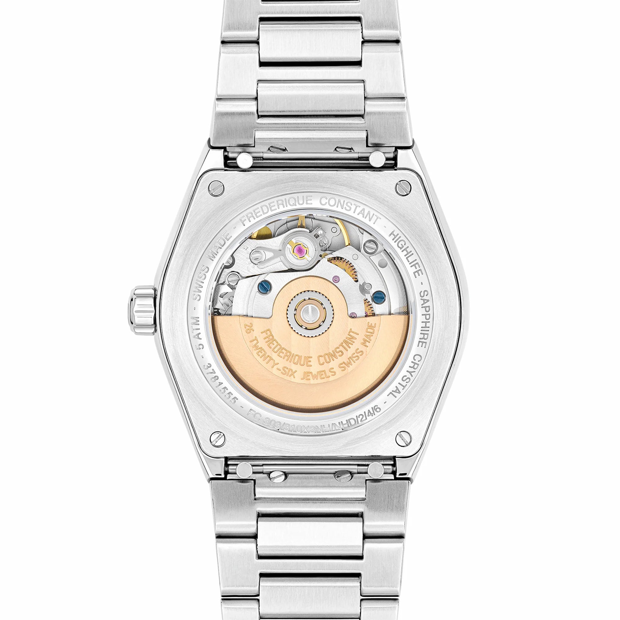 Rückseite der Frederique Constant Uhr "Highlife Ladies Automatic" mit dem Tiffany-blauen Zifferblatt und Edelstahl-Gehäuse mit Blick auf das Uhrwerk