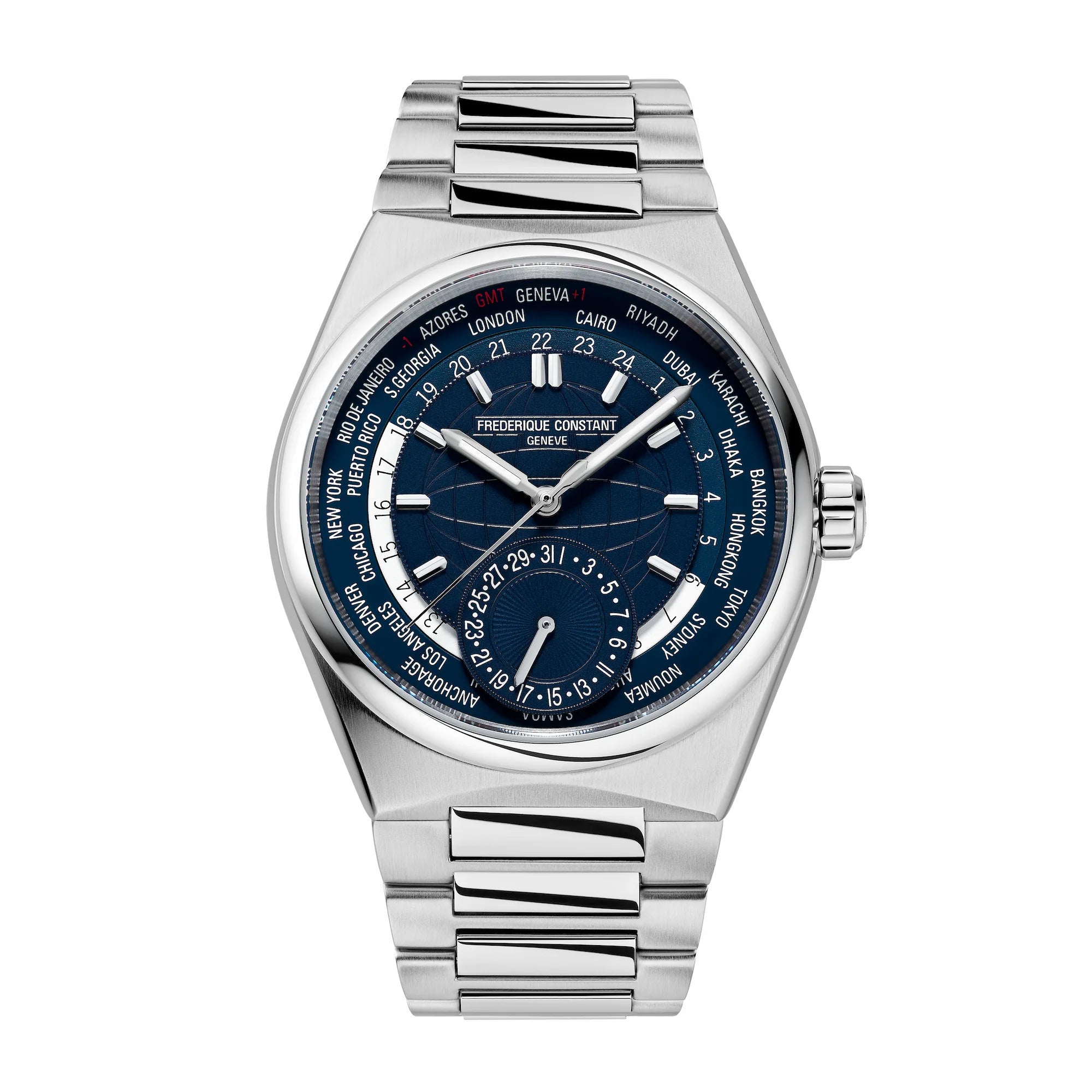 Frontale Ansicht der Worldtimer-Uhr von Frederique Constant aus der Highlife Kollektion mit einem blauen Zifferblatt, das verschiedene Städte und deren Zeitzonen zeigen kann