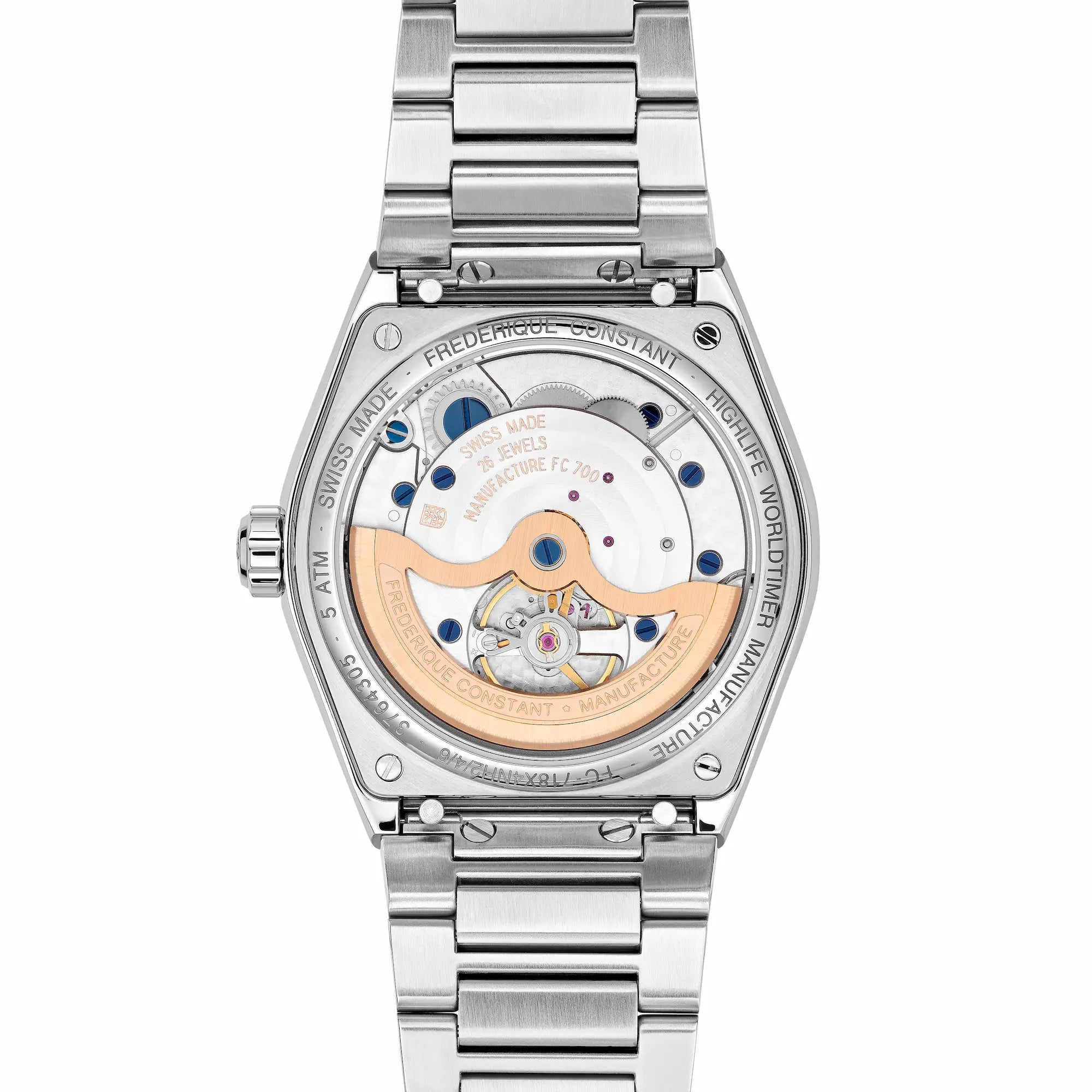 Rückseite der Worldtimer-Uhr von Frederique Constant aus der Highlife Kollektion mit einem Blick auf das Uhrwerk durch den Gehäuseboden aus Glas