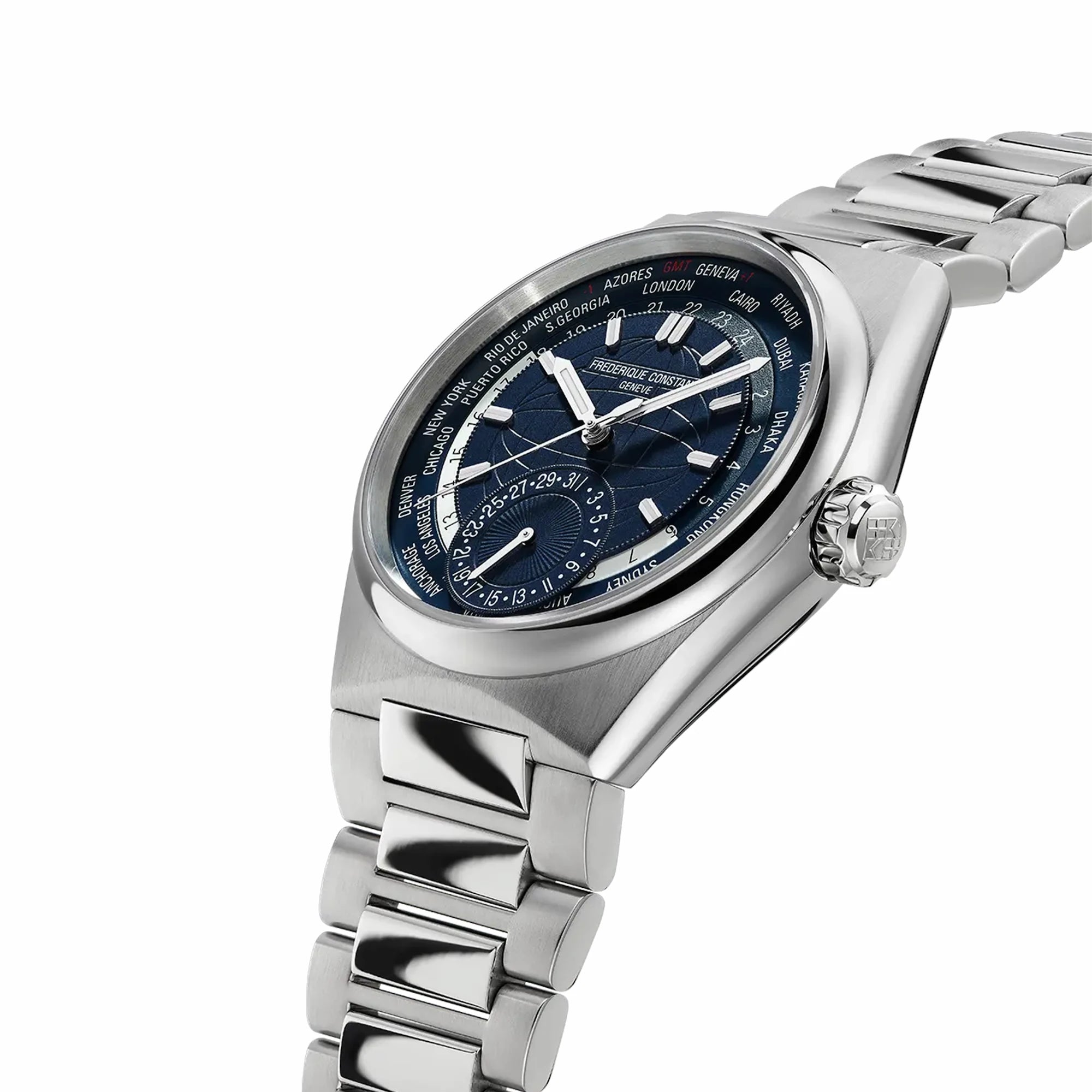 Leicht seitliche Ansicht der Worldtimer-Uhr von Frederique Constant aus der Highlife Kollektion mit einem blauen Zifferblatt, das verschiedene Städte und deren Zeitzonen zeigen kann