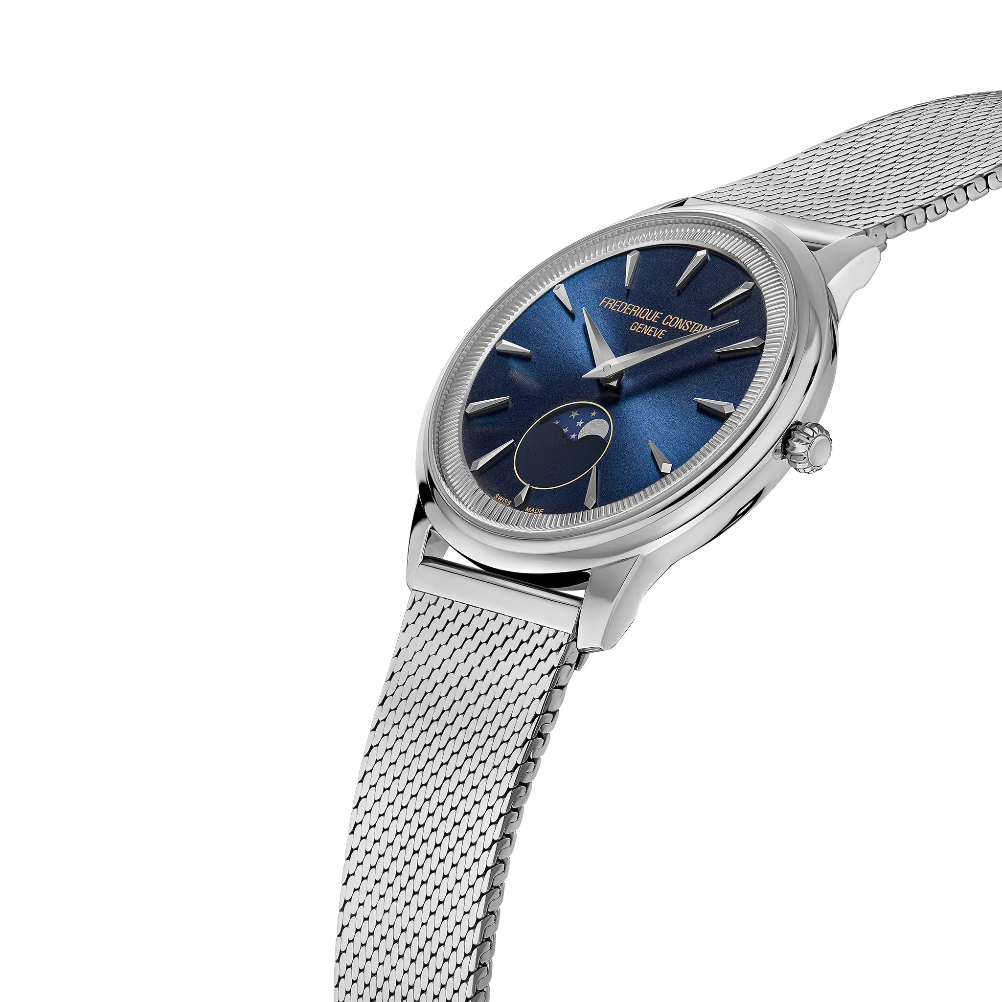 Leicht seitliche Ansicht der Frederique Constant "Moneta" Armbanduhr FC-206N3S6B mit blauem Zifferblatt und Mondphase auf 6 Uhr am Milanaise-Armband aus Edelstahl