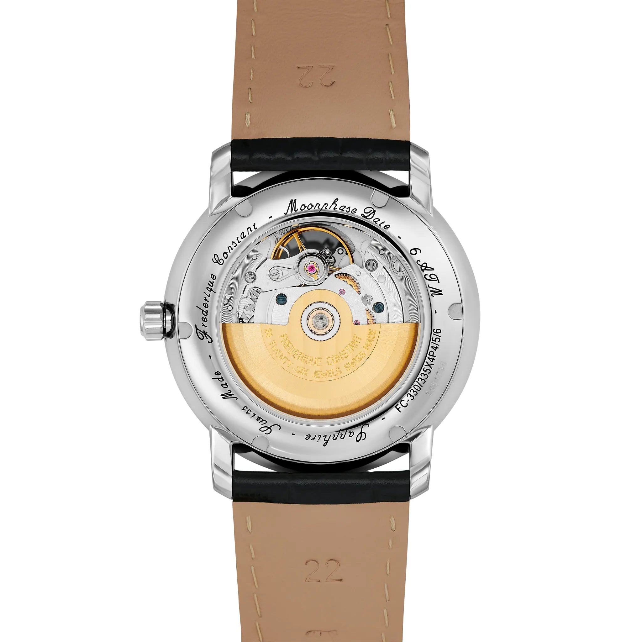 Rückseite der Heart Beat Moonphase Date Armbanduhr von Frederique Constant aus der Classics Kollektion mit Blick auf das automatische Uhrwerk durch den Glasboden