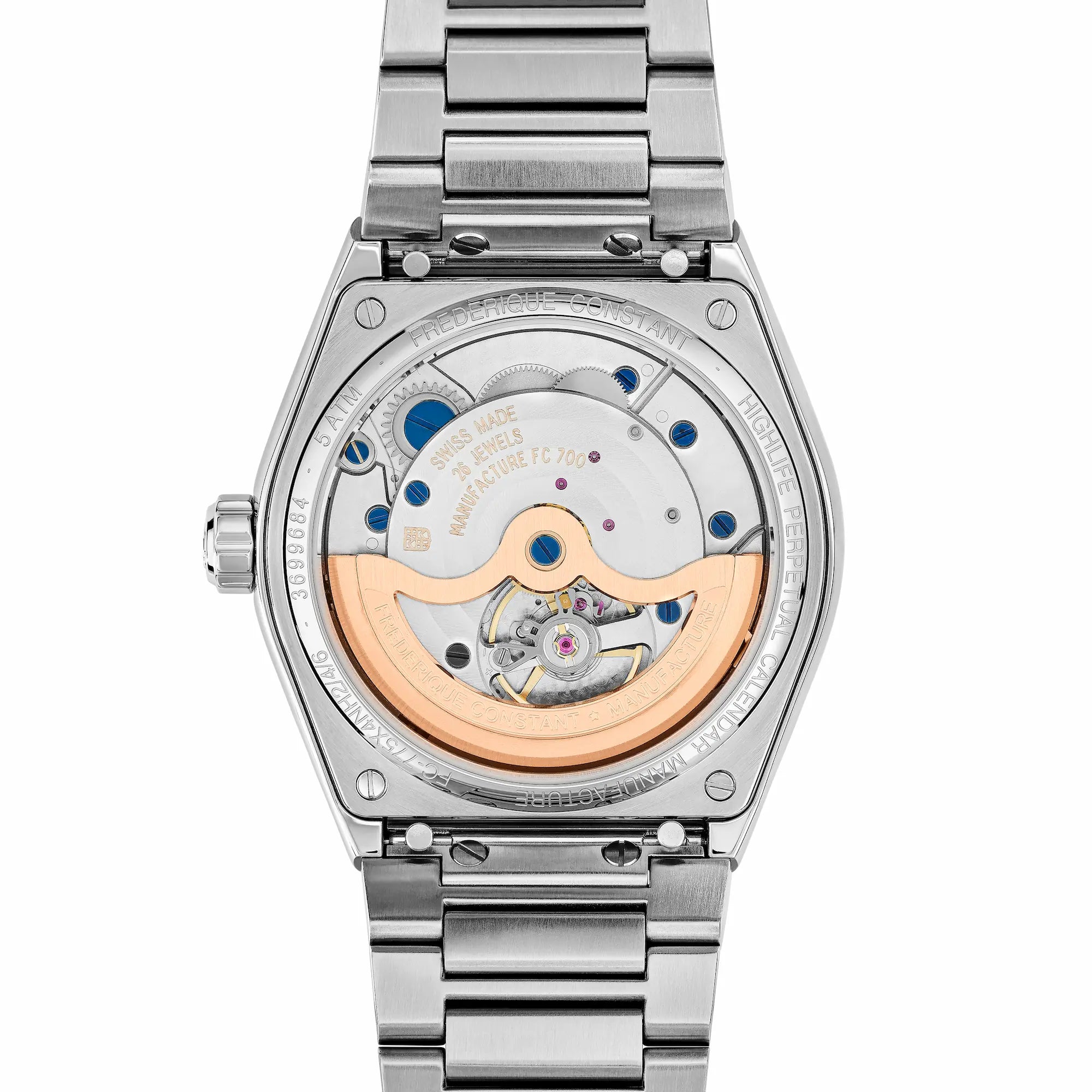 Rückseite des ewigen Kalenders mit einem blauen Zifferblatt aus der Highlife Kollektion von Frederique Constant mit Blick auf das Uhrwerk durch den Glasboden